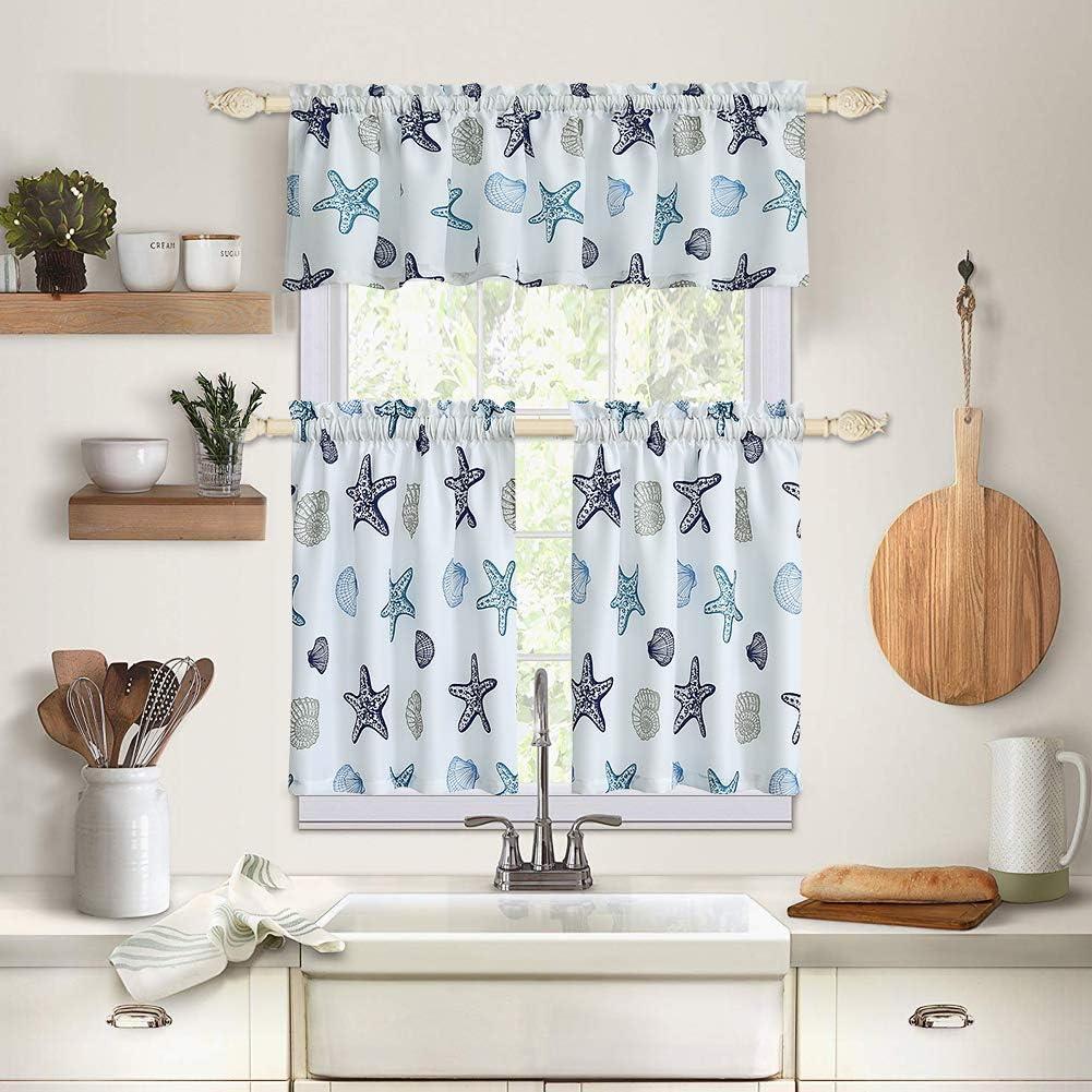 Tier Curtains for Kitchen Windows Starfish café Curtains, 1 Pair 27" x 36" Multi-Color Seashell Conch Printed Half Window Curtain Set for Bathroom Rod Pocket, Blue