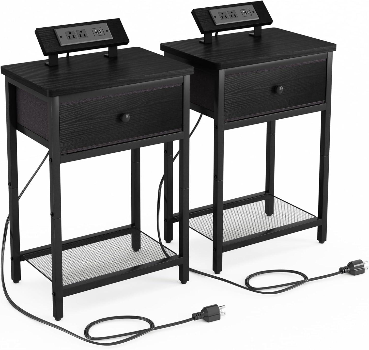 Wooden End Table with Power Outlet & USB Port (Set of 2)