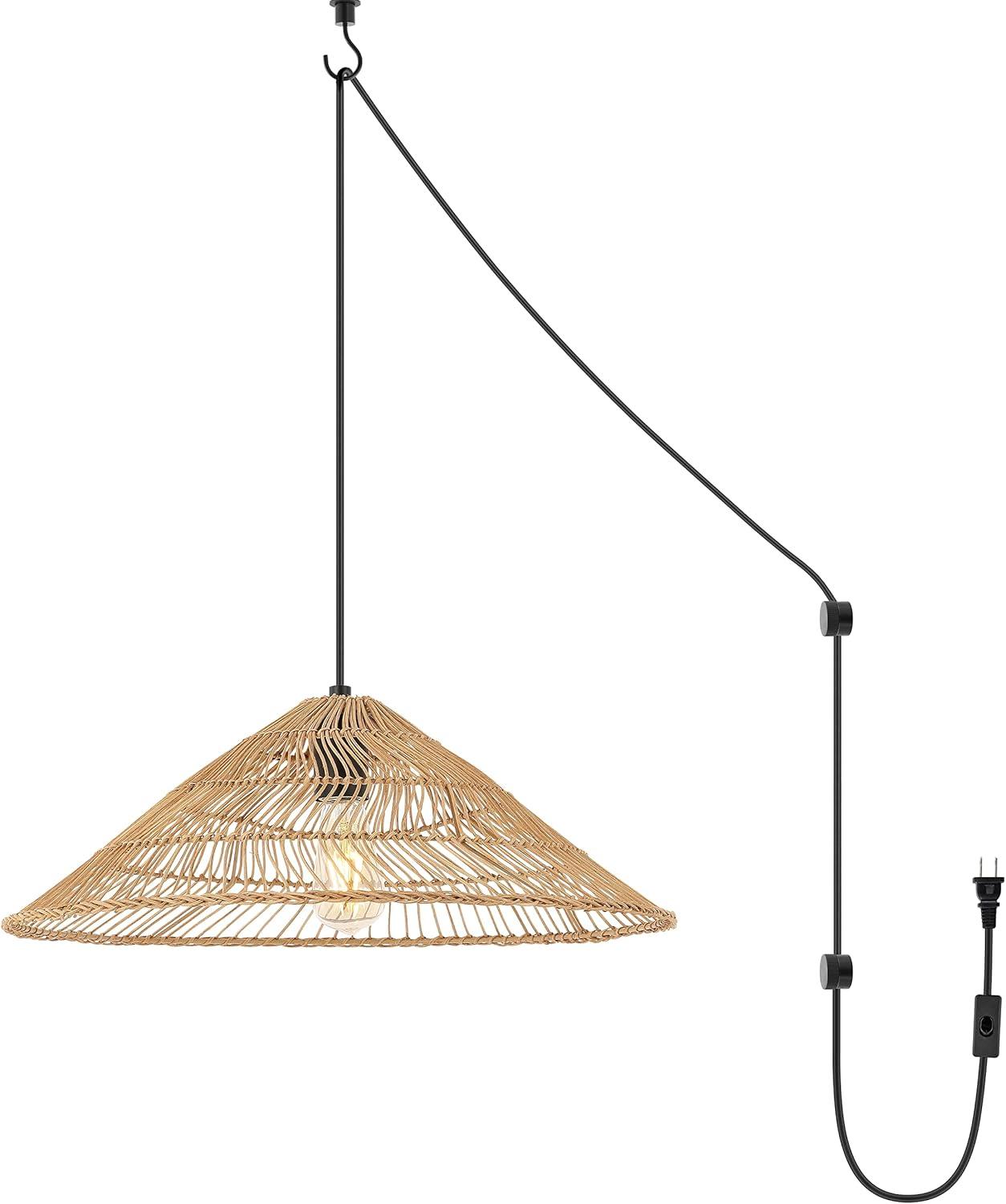 Nova 20.25" 1-Light Farmhouse Coastal Rattan 180" Cord Plug-In or Hardwired LED Pendant, Brown