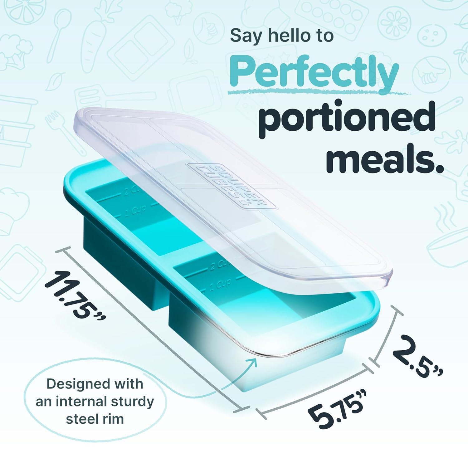 Souper Cubes 2c Food Freezing Tray with Lid Aqua Blue: Silicone Freezer Tray, Stackable, Dishwasher-Safe