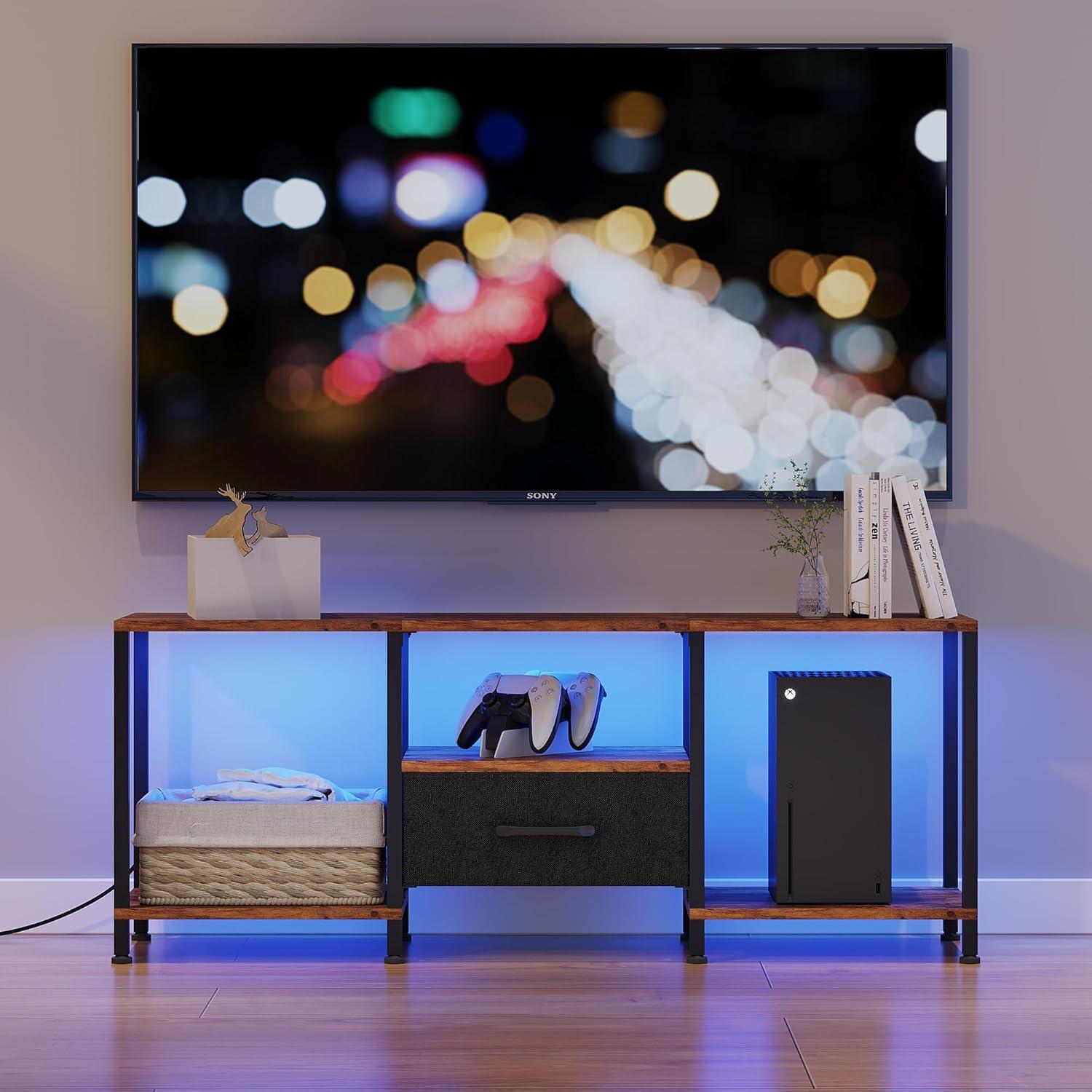 TV Stand with LED Lights, Entertainment Center with Open Shelves and Fabric Drawer, Media Console for 55 Inch TV, Television Stands, Living Room Furniture, Bedroom, Rustic Brown