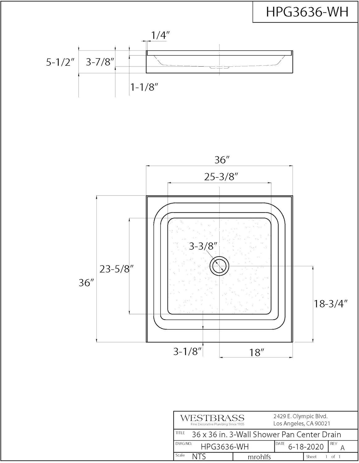 36'' W 36'' D Square Single Shower Base