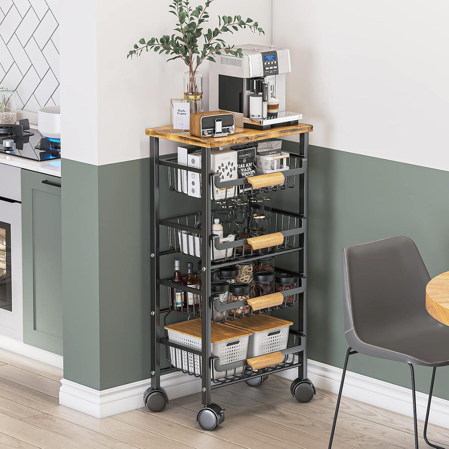 Black Metal and Wood 5-Tier Kitchen Storage Cart