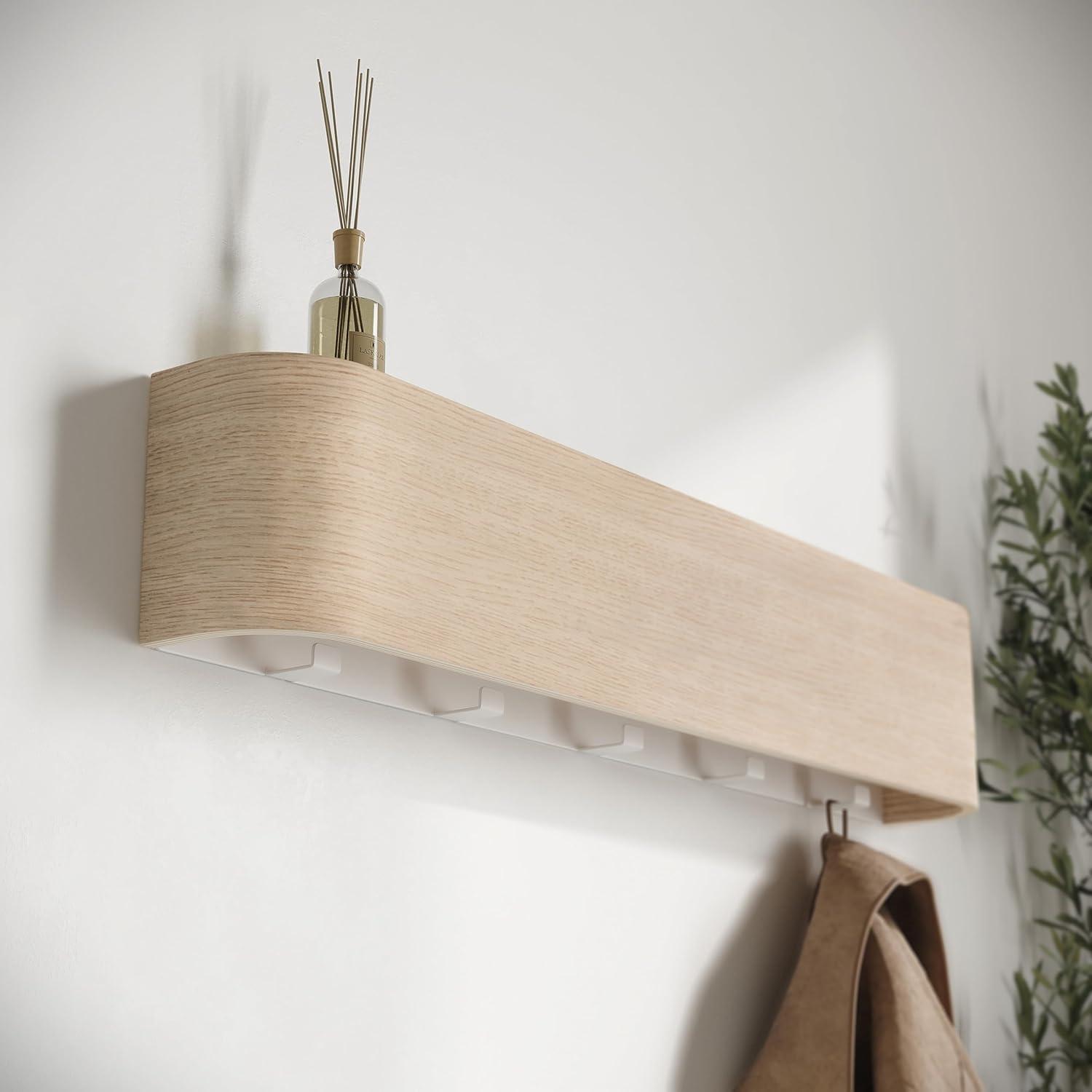 Oak and White Wall-Mounted Coat Rack with Shelf