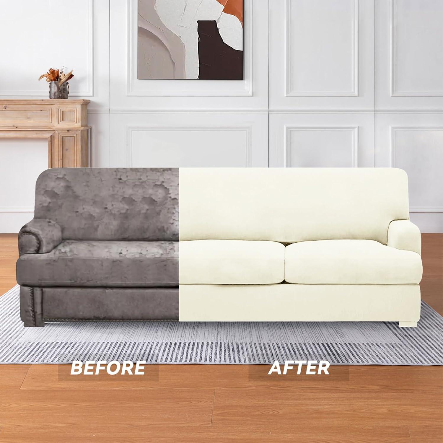 Ivory Stretchable T Cushion Sofa Slipcover Set