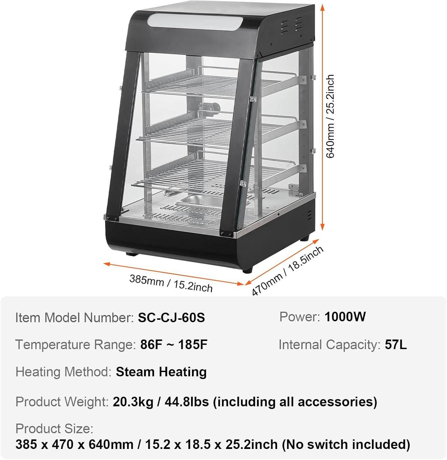 VEVOR 3-Tier Commercial Food Warmer Display, 1000W Food Display Warmer with Light, Adjustable Shelf and Temperature Display, 86℉~185℉ Steam Heating, 57L for Hamburger, Pizza, Bread, Fried Chicken