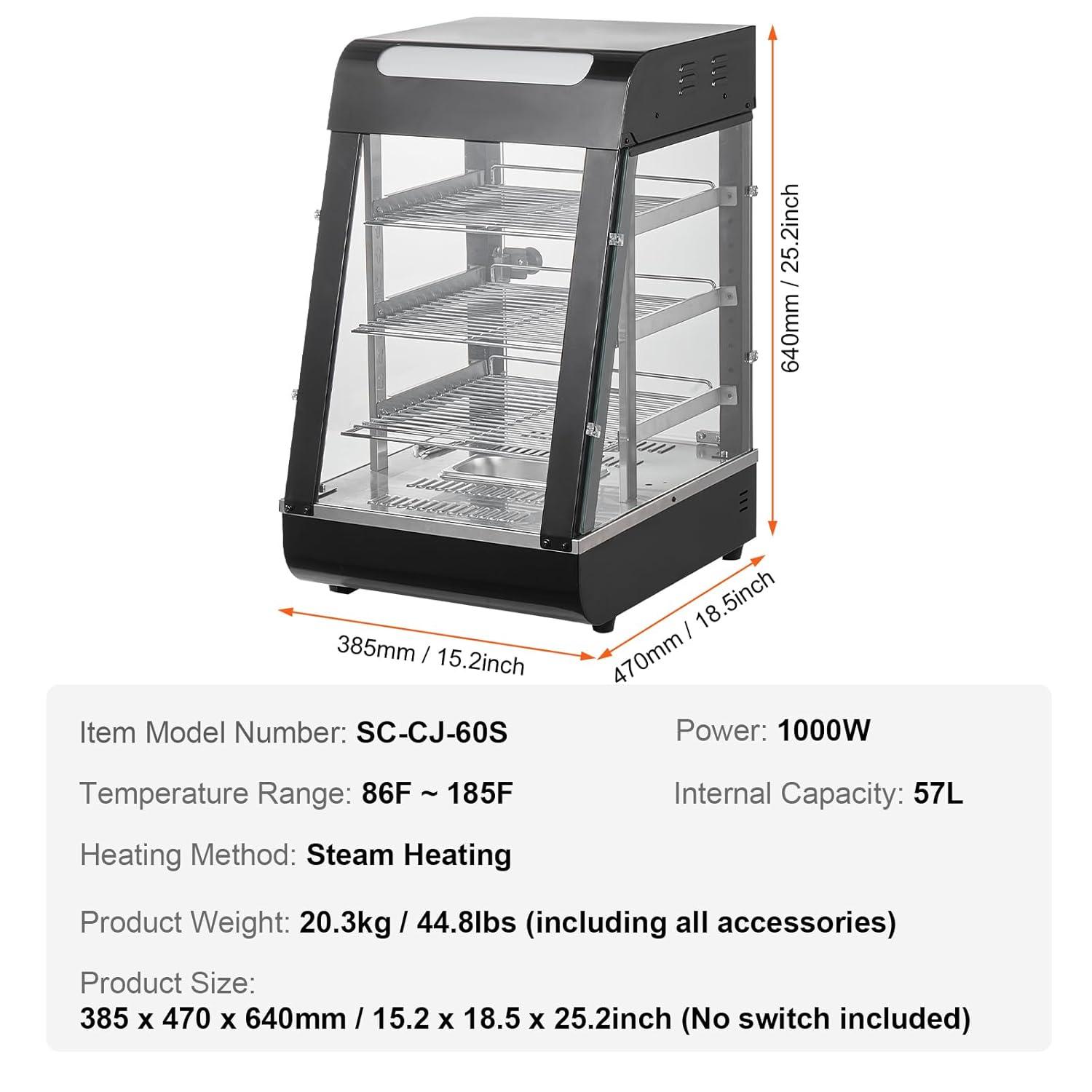 VEVOR 3-Tier Commercial Food Warmer Display, 1000W Food Display Warmer with Light, Adjustable Shelf and Temperature Display, 86℉~185℉ Steam Heating, 57L for Hamburger, Pizza, Bread, Fried Chicken