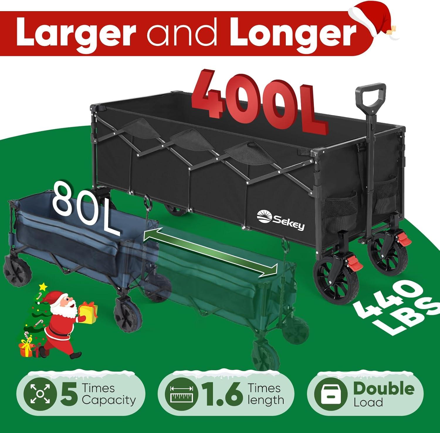 Sekey 43" Extended Collapsible Wagon 400L Large Capacity, 440LBS Heavy Duty Folding Utility Garden Cart with All-Terrain Wheels for Camping, Sports, Shopping.Black