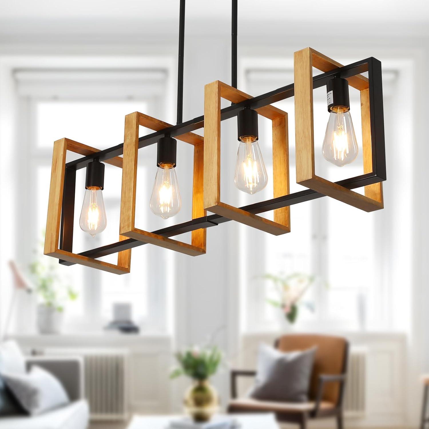 Matte Black and Wood 4-Light Geometric Pendant Light