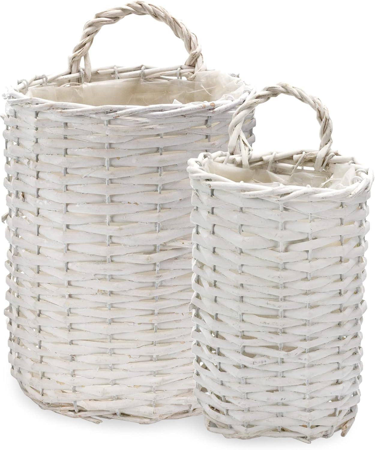 AuldHome Design Wall Hanging Baskets, White, 2pc Set; Small/Medium Wicker Rustic Farmhouse Door