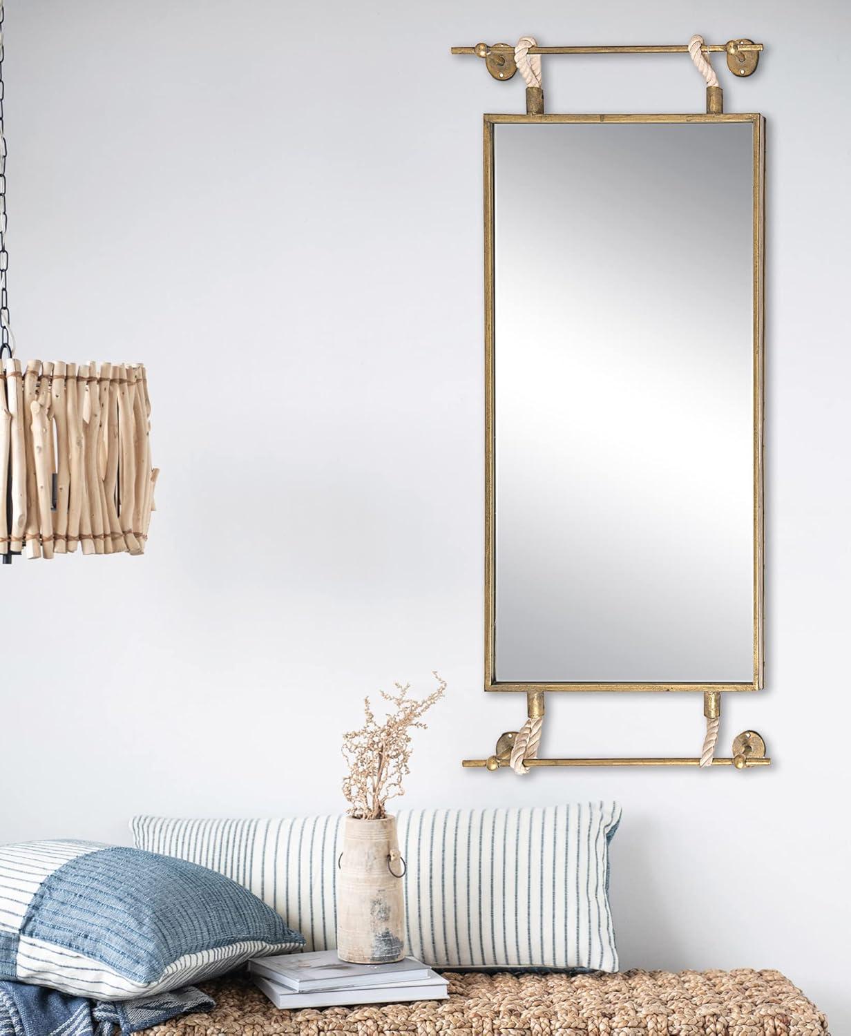 Creative Co-Op Rectangle Metal Framed Wall Mirror with Rope Accents and Metal Brackets, Gold