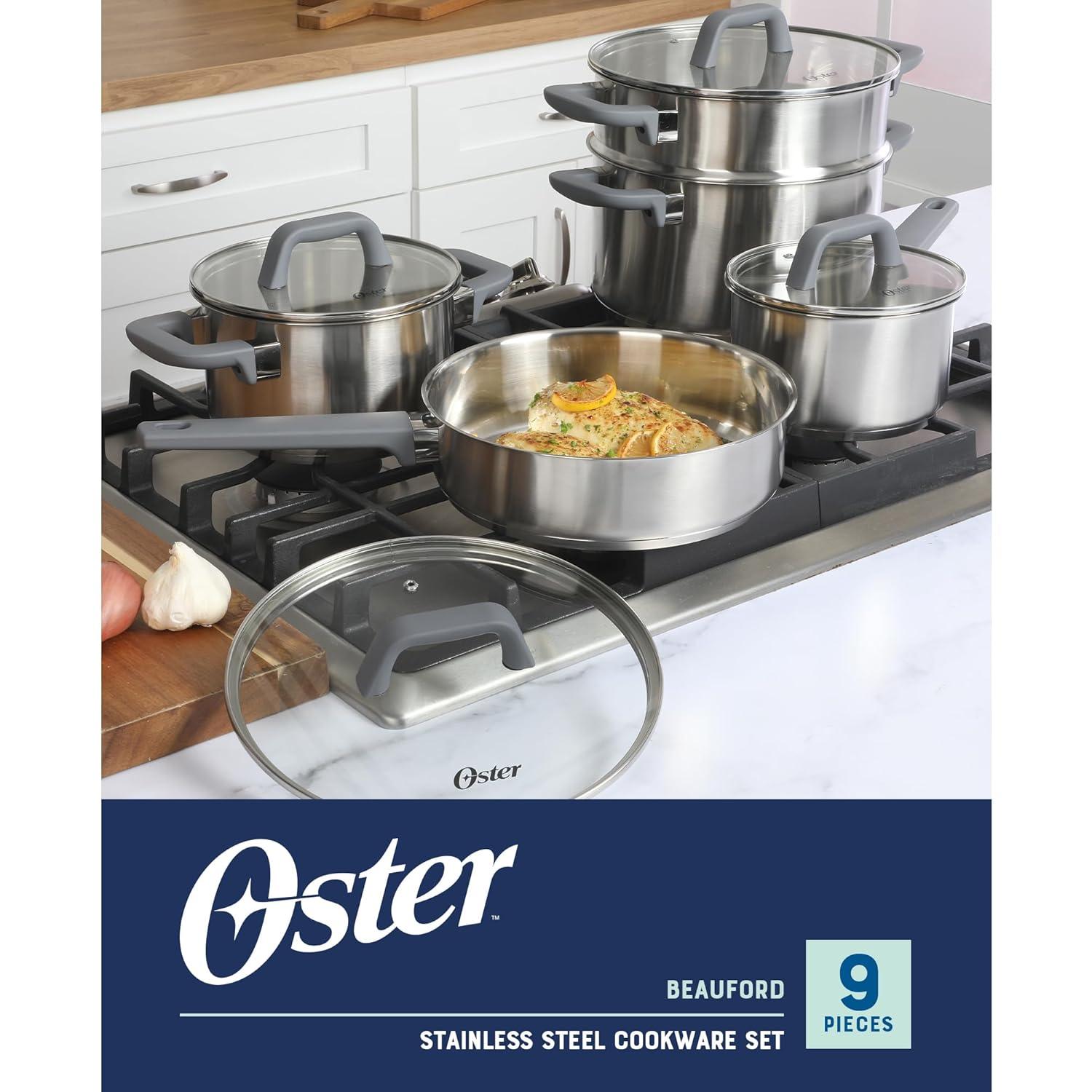 Oster Beauford 9 Piece Stainless Steel Non-Toxic Pots and Pans Cookware Set W/ Tri-Ply Encapsulated Bottom & Soft Touch Handles