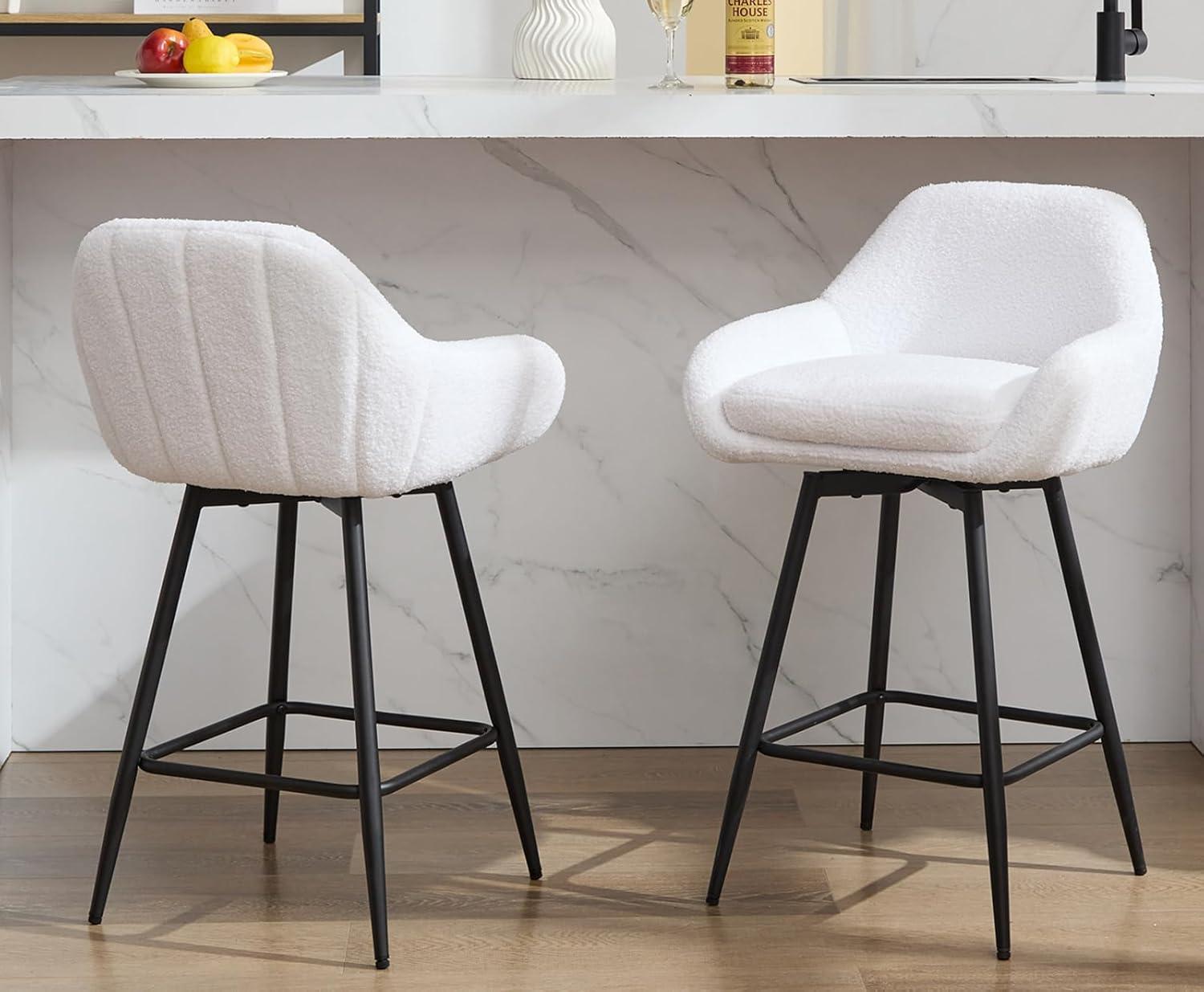 White and Brown Swivel Metal Bar Stools with Upholstered Seats, Set of 2