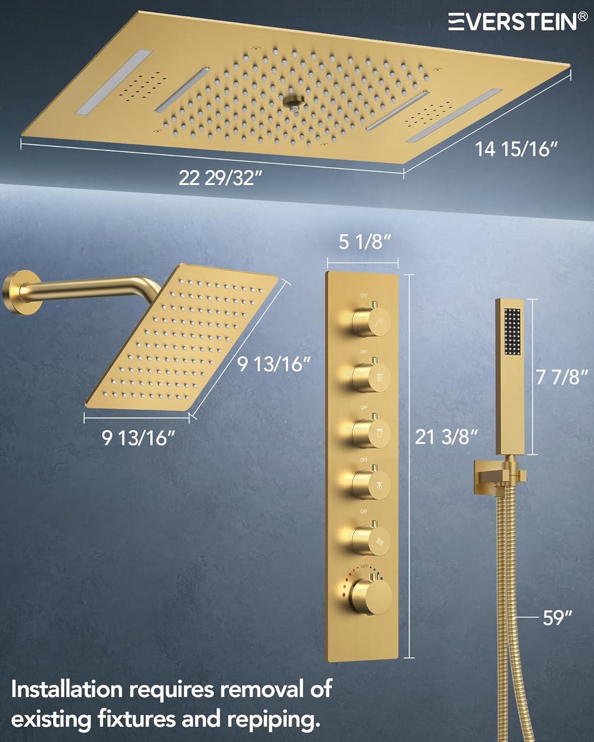 EVERSTEIN Music Thermostatic Shower System,Dual Showerheads with LED Mood Lighting SFS-1051-BK