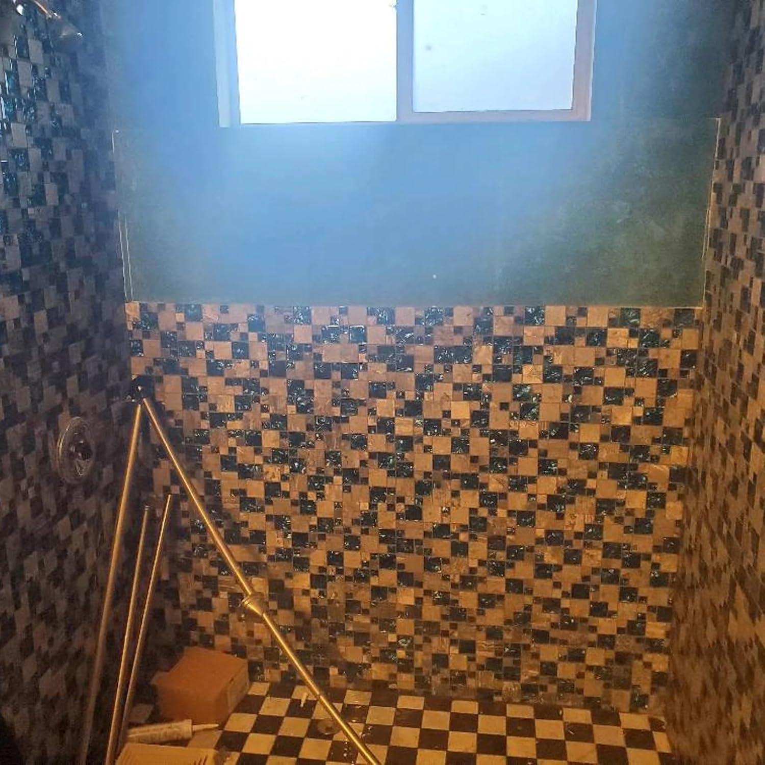 Premium Teal Blue Crystal Glass & Grey Stone Tile Modern Bathroom Shower Wall Versaille Patterns Mosaic for Kitchen Fireplace Decor (3"x12" Sample)