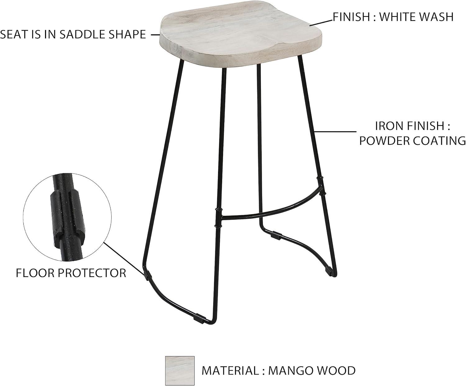 30-Inch Whitewashed Mango Wood Saddle Seat Backless Barstool with Black Metal Base