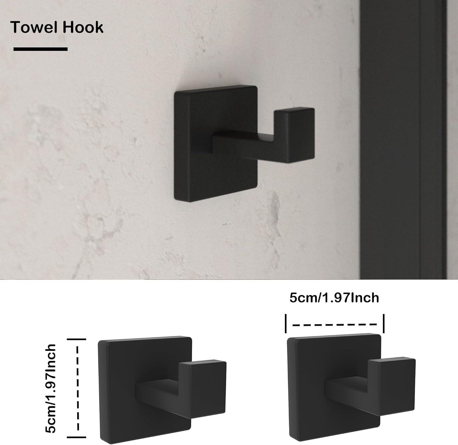 5 Pieces Square Matte Black Stainless Steel Bathroom Accessories Set Include 23.6 in Towel Bar, Toilet Paper Holder, Towel Ring, 2 Robe Towel Hooks