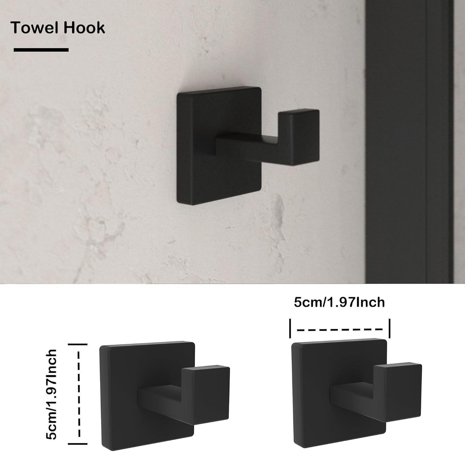 5 Pieces Square Matte Black Stainless Steel Bathroom Accessories Set Include 23.6 in Towel Bar, Toilet Paper Holder, Towel Ring, 2 Robe Towel Hooks