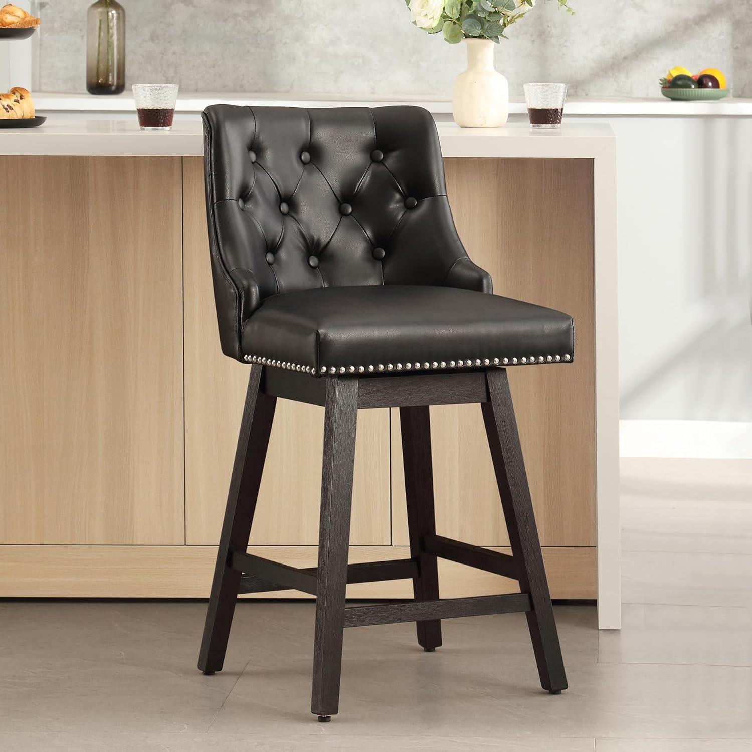 Dycanpo 26'' Swivel Counter Height Bar Stools, Upholstered Barstool with Footrest for Kitchen,Black-Faux Leather