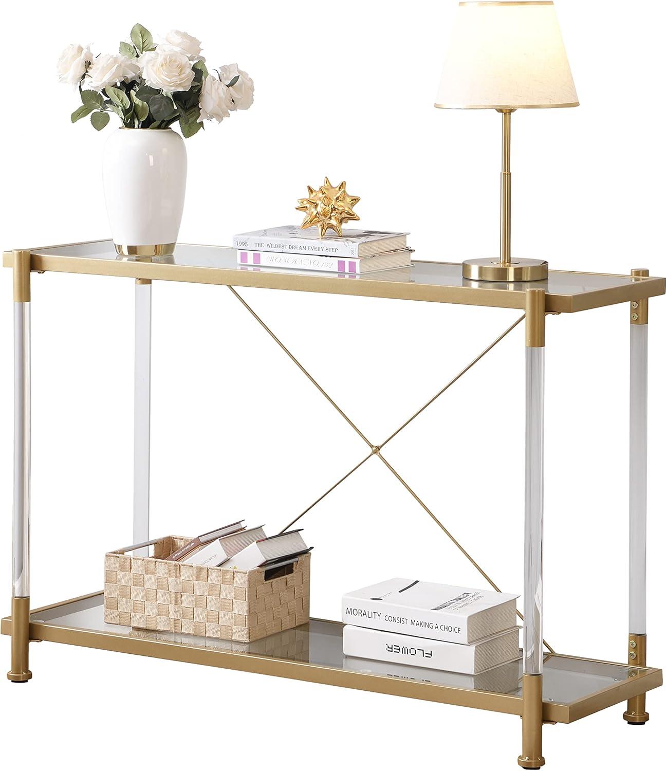 Glavbiku 43.31" Golden Glass Console Table, Acrylic Side Table,Sofa Table for Living Roome,Bedroom,Gold