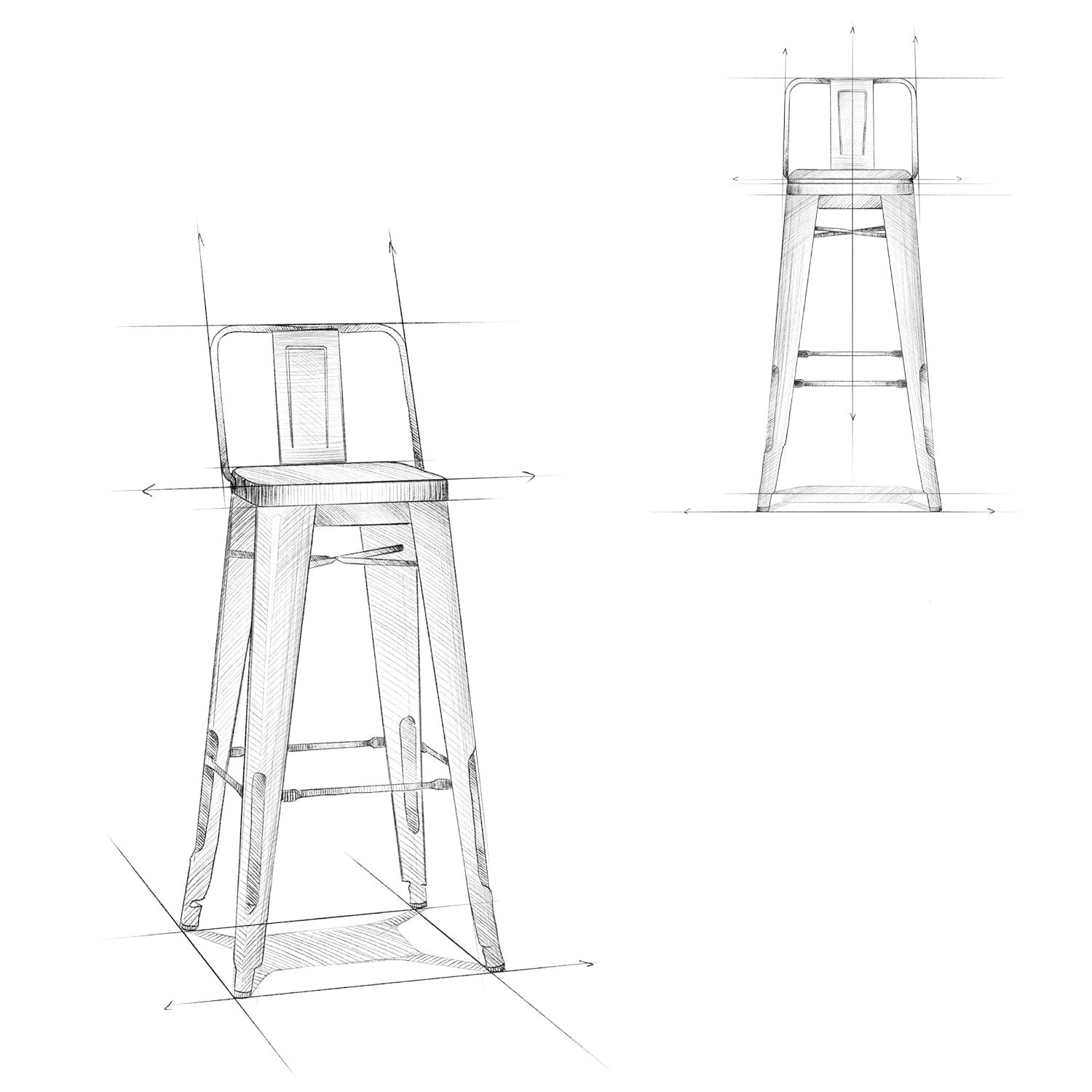 Simpli Home Rayne Metal Industrial Stool with Curved Back, Cross-Brace, and Footrest