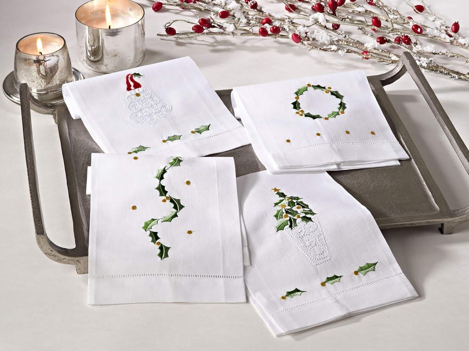 Saro Lifestyle Holly Leaf Wreath Embroidery Christmas Hemstitched Linen Cotton Guest Towel  (Set of 4), 14"x22", White