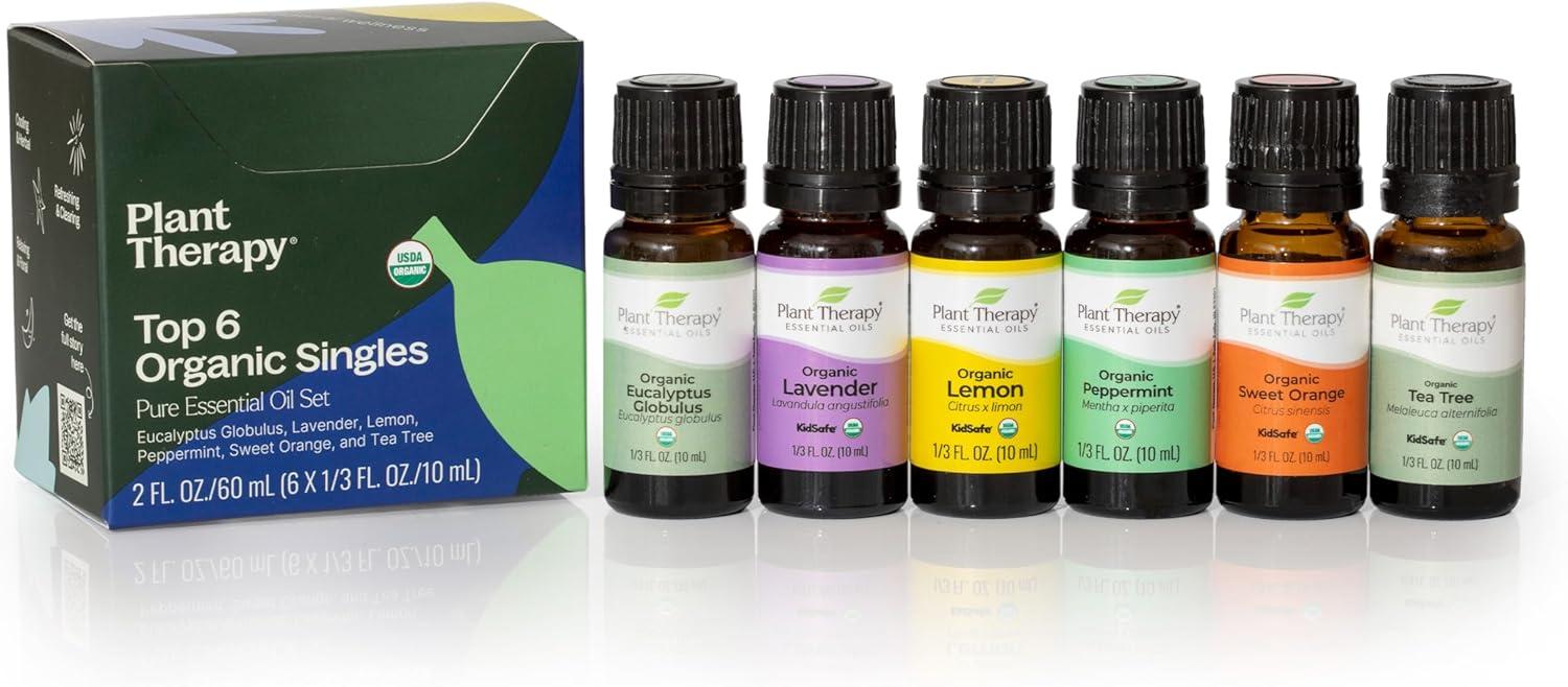 Plant Therapy Top 6 Organic Essential Oil Set - Lavender, Peppermint, Eucalyptus, Lemon, Tea Tree 100% Pure, USDA Organic, Natural Aromatherapy, Therapeutic Grade 10 mL (1/3 oz)