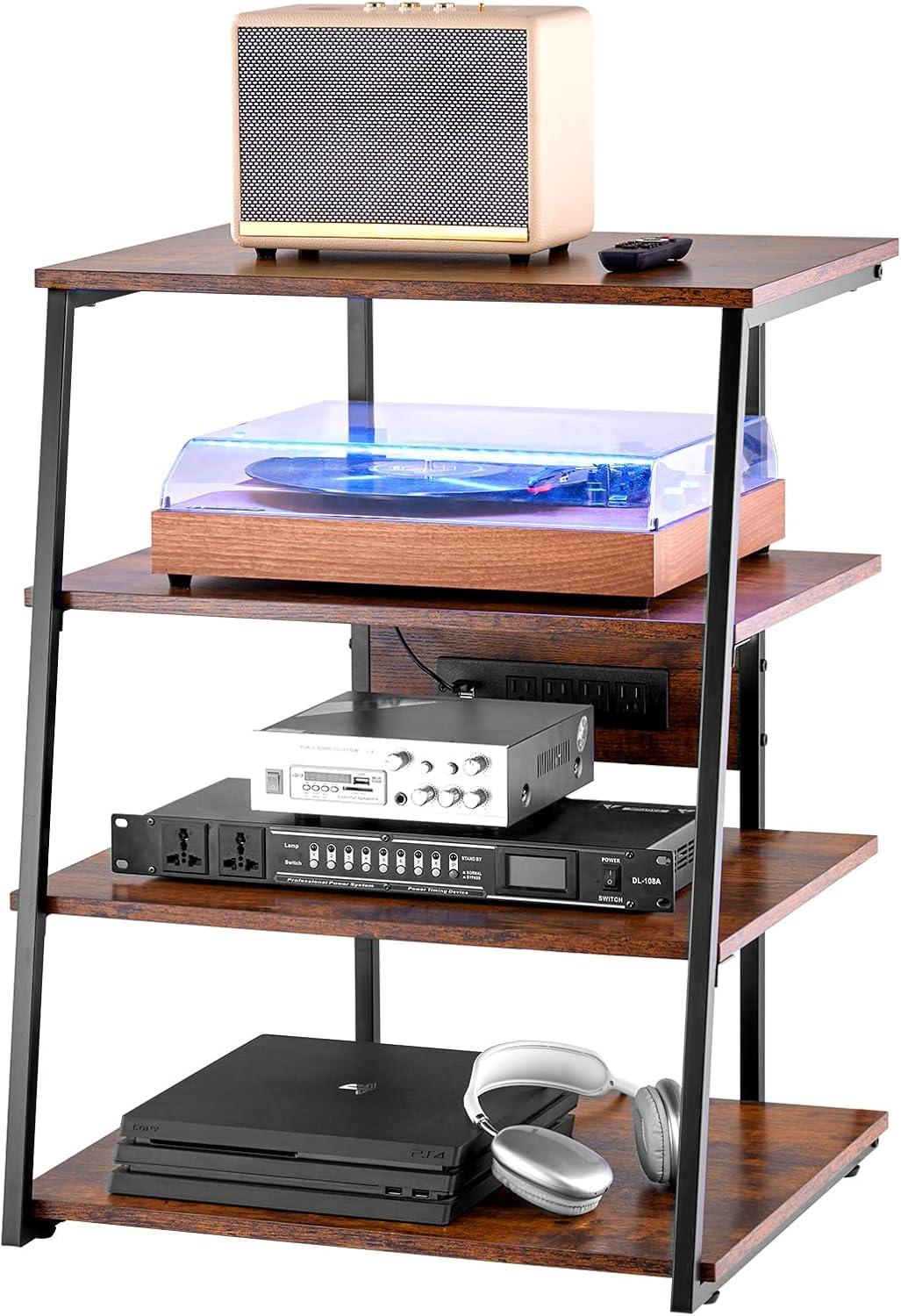VEVOR 4-Tier AV Media Stand with Power Strips, Corner TV Stand with LED Lights, Height Adjustable Wooden Shelves