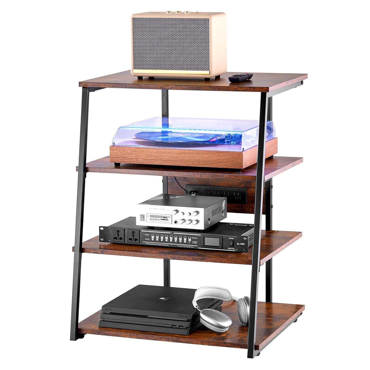 VEVOR 4-Tier AV Media Stand with Power Strips, Corner TV Stand with LED Lights, Height Adjustable Wooden Shelves