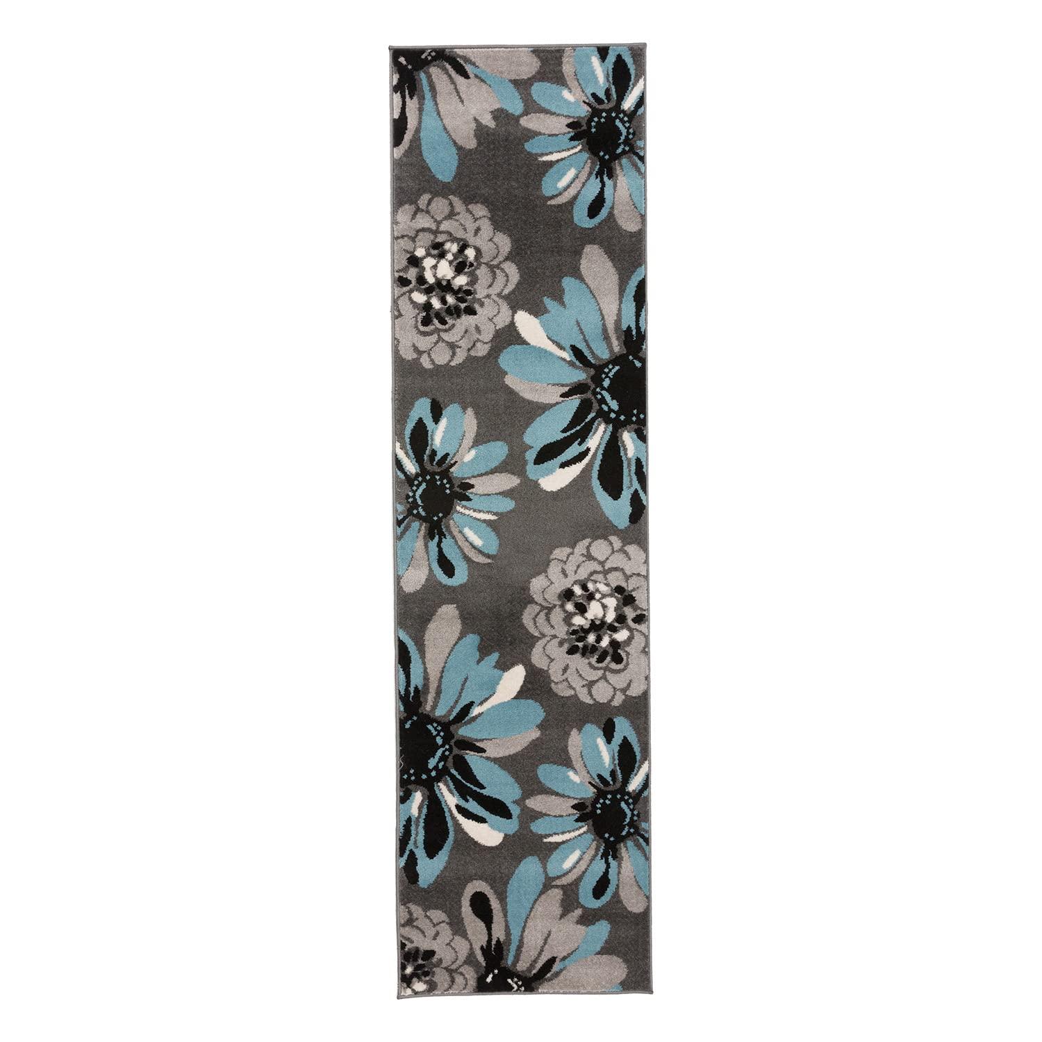 World Rug Gallery Contemporary Modern Flowers Area Rug - Blue 2'x10': Stain-Resistant Runner, Low Pile, Floral Pattern