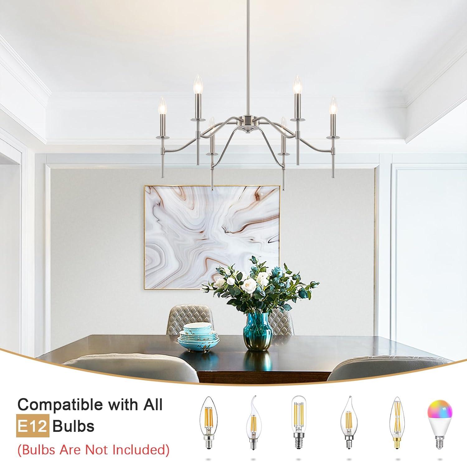 6-Light Farmhouse Chandelier for Dining Room Lighting Fixtures Hanging Brushed Nickel Chandelier for Kitchen Industrial Pendant Candle Lighting or Living Room Entryway Bedroom Foyer