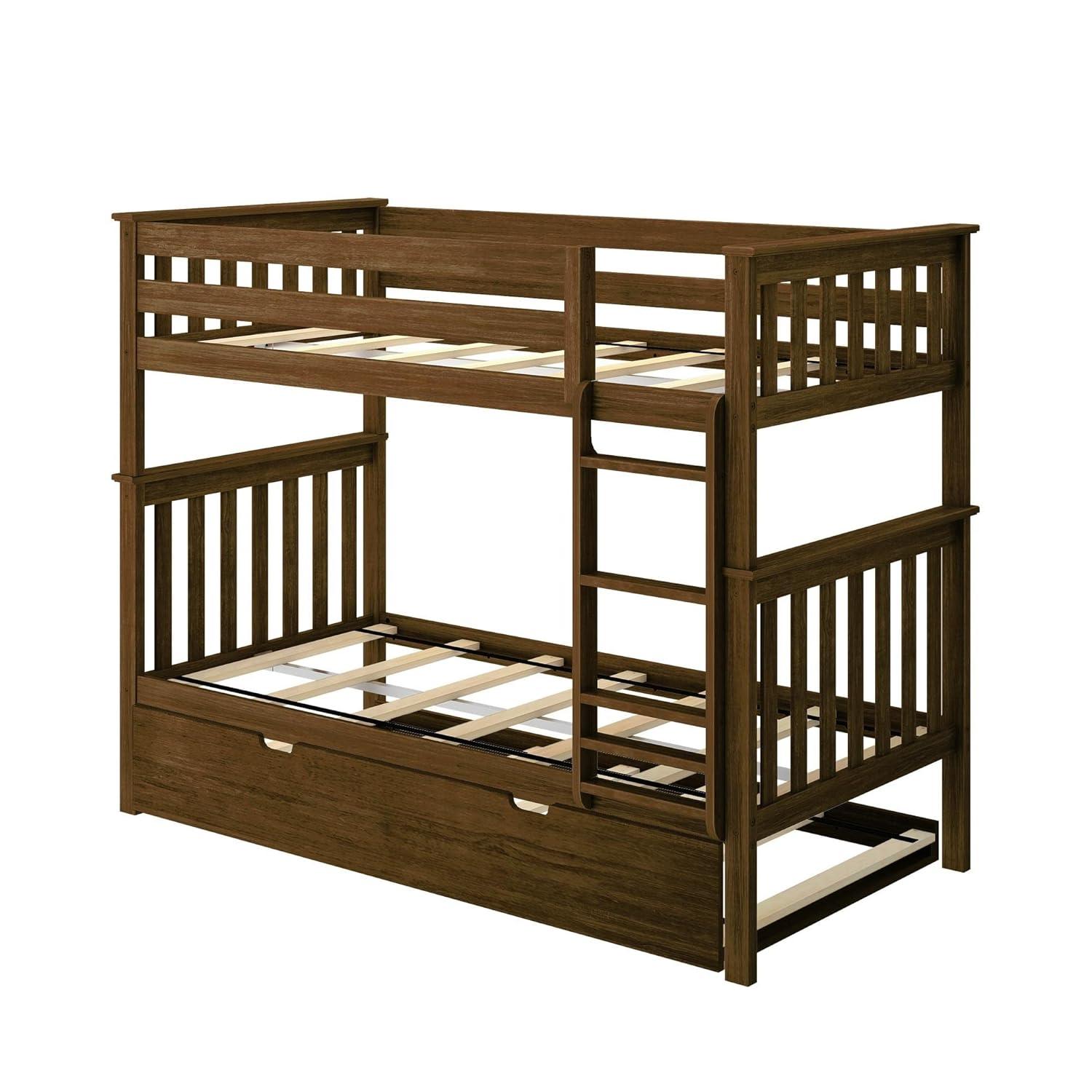 Max & Lily Solid Wood Twin over Twin Bunk Bed with Storage Trundle for Kids, Walnut