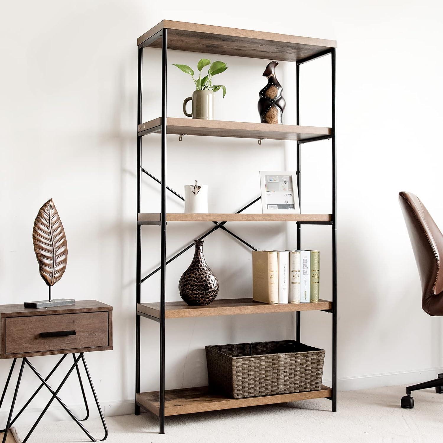 Rustic Brown Wood and Metal 5-Tier Bookcase