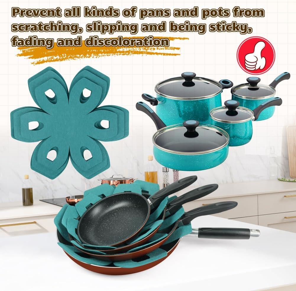 Cyan Felt Star-Shaped Pot and Pan Protectors, Set of 12