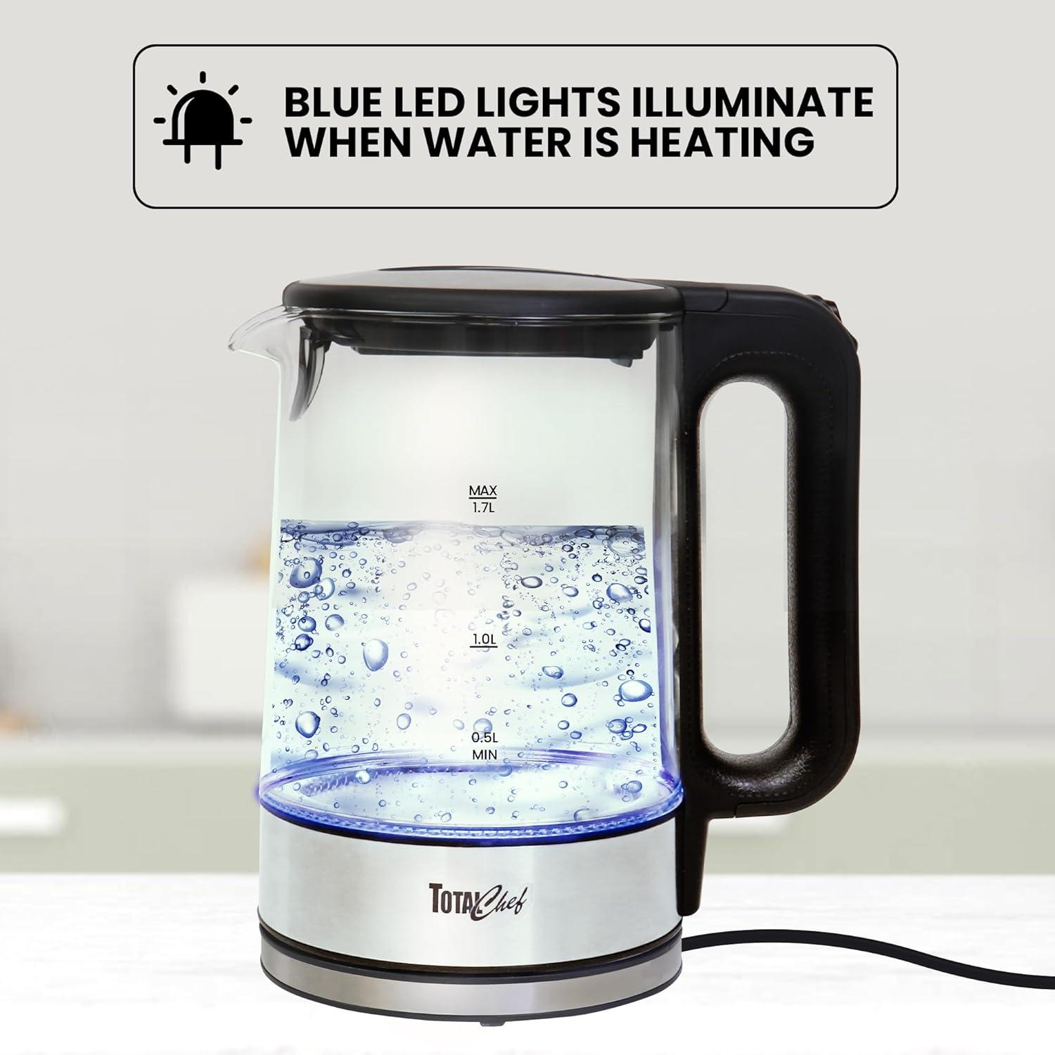 Total Chef Cordless Electric Glass Kettle LED Light 1.8 QT/1.7L: 360° Rotating Base, Automatic Shut-Off, 1100W, Water Boiler