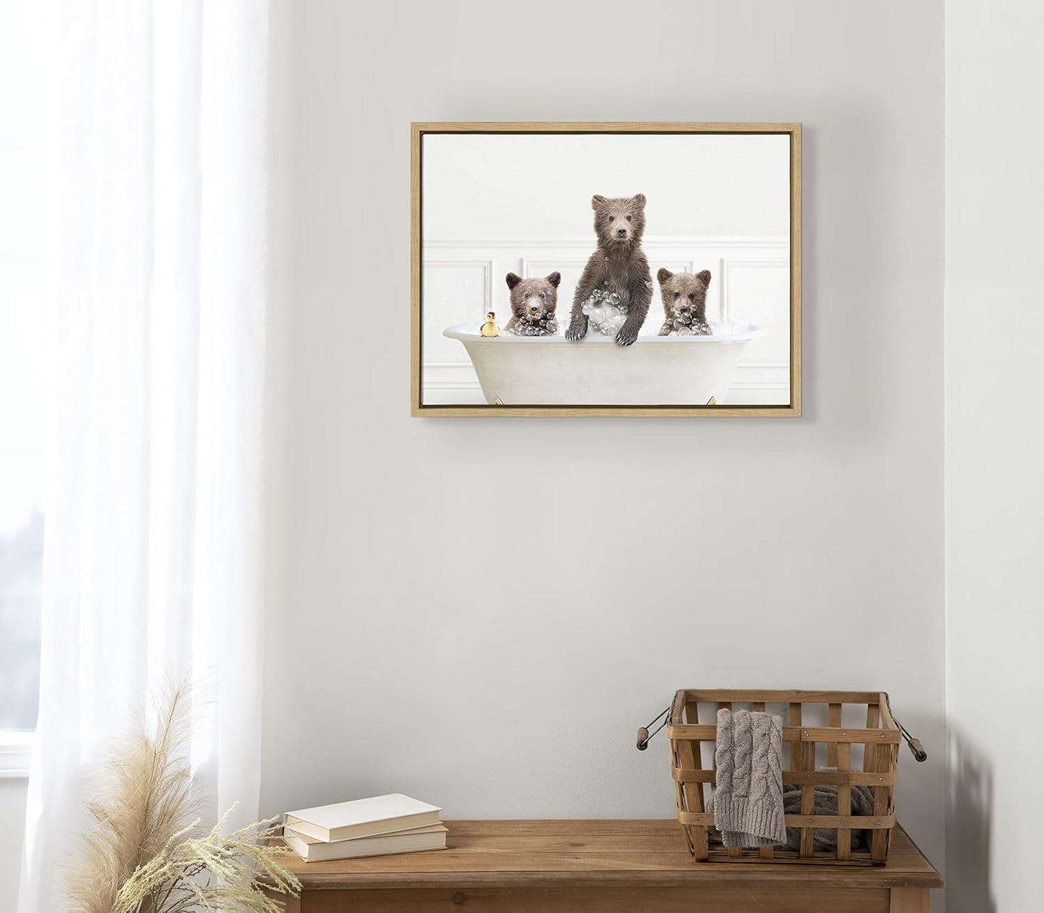 Kate and Laurel Sylvie Three bears In Bubble Bath Neutral Style Framed Canvas by Amy Peterson Art Studio, 18x24, Natural
