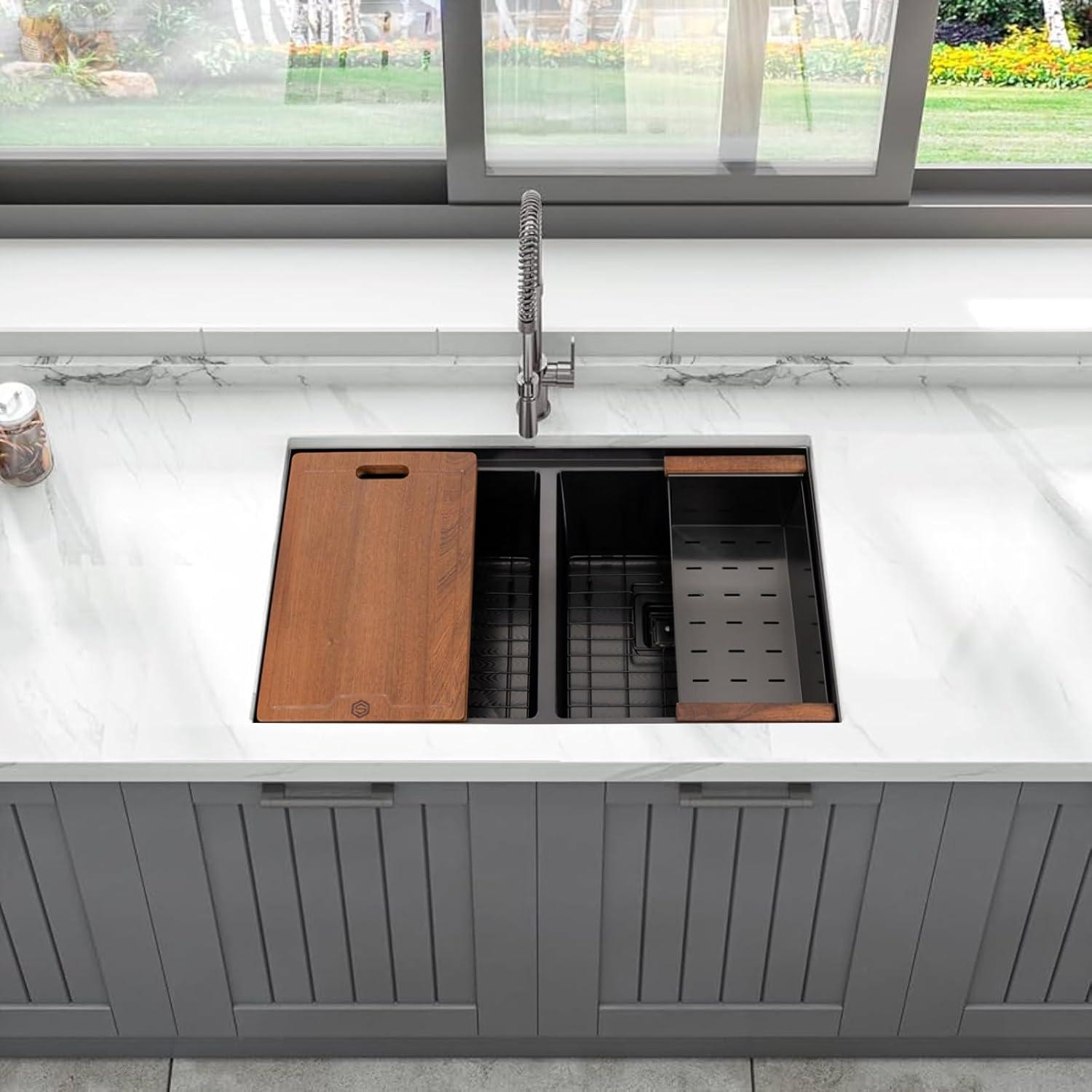 32" Black Stainless Steel Double Bowl Workstation Sink with Accessories