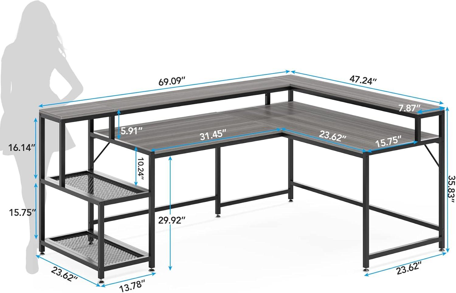 Gray L-Shaped Corner Computer Desk with Monitor Shelf