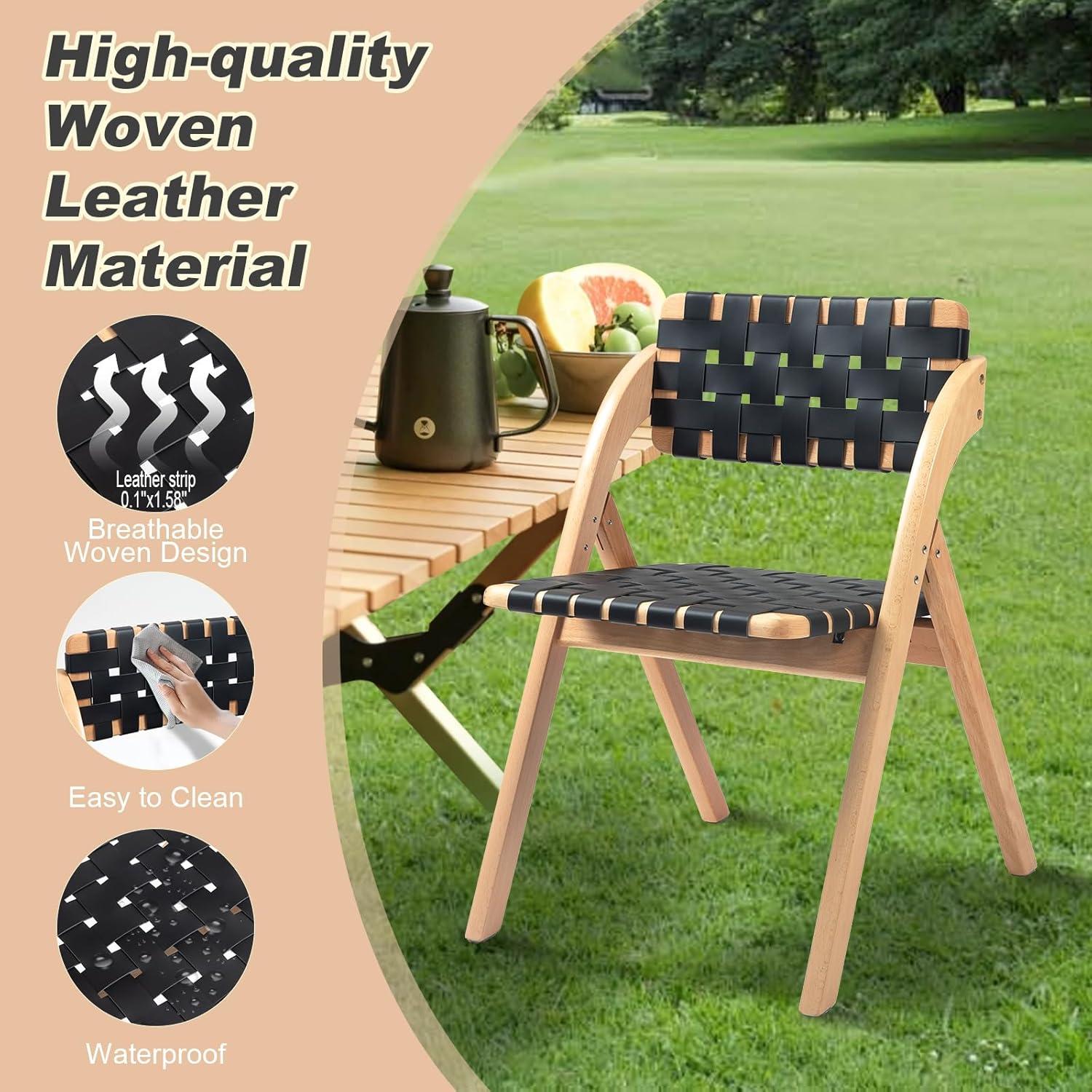 Folding Chairs Set of 2, Wooden Foldable Dining Chairs, Stackable Folding Extra Chair with Breathable Leather-Woven Design for Indoor & Outdoor, Brown