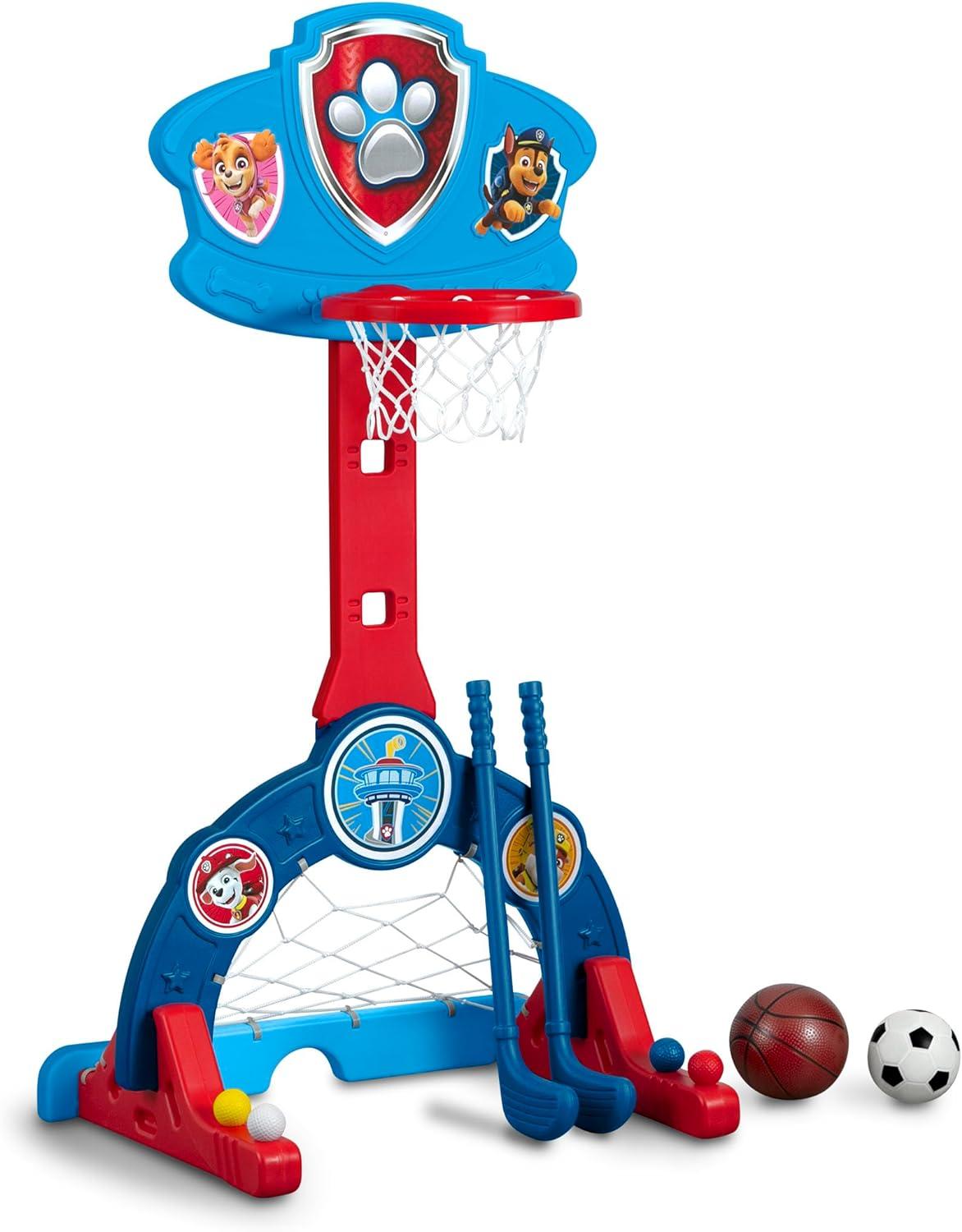 Delta Children - PAW Patrol 4-In-1 Sports Center – Adjustable Easy Score Basketball Hoop, Soccer/Hockey Net And Golf Game – Set Includes: 1 Basketball, 1 Soccer Ball, 2 Golf/Hockey Clubs, 4 Golf/Hockey Balls, Blue