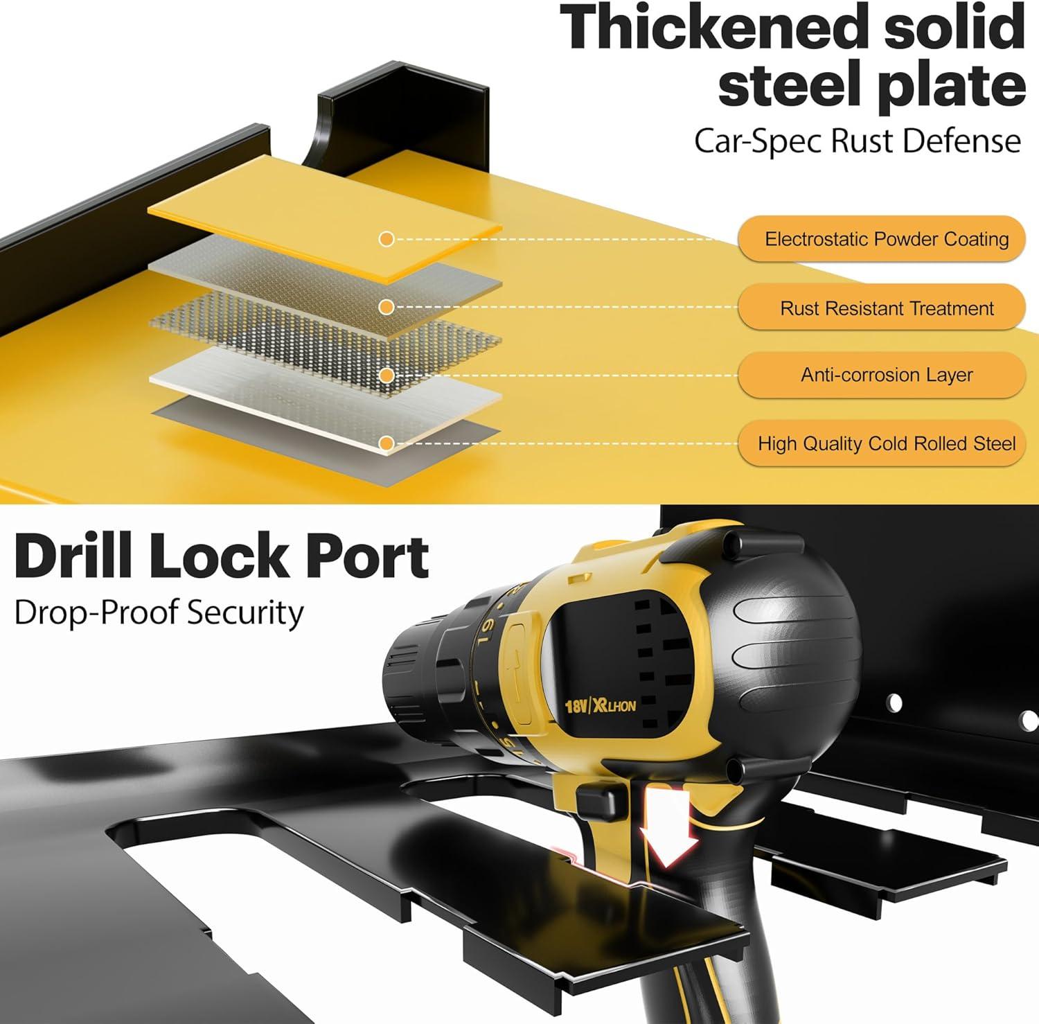 Spampur Power Tool Organizer Wall Mount with Charging Station, Garage Tool Shelf 6 Drill Holders, Tool Battery Holder with Plier holder Heavy Duty Rack, Tool Storage Rack with 4 Outlet Power Strip