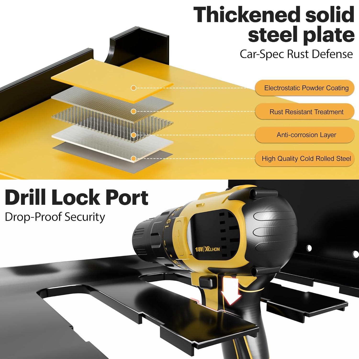 Spampur Power Tool Organizer Wall Mount with Charging Station, Garage Tool Shelf 6 Drill Holders, Tool Battery Holder with Plier holder Heavy Duty Rack, Tool Storage Rack with 4 Outlet Power Strip