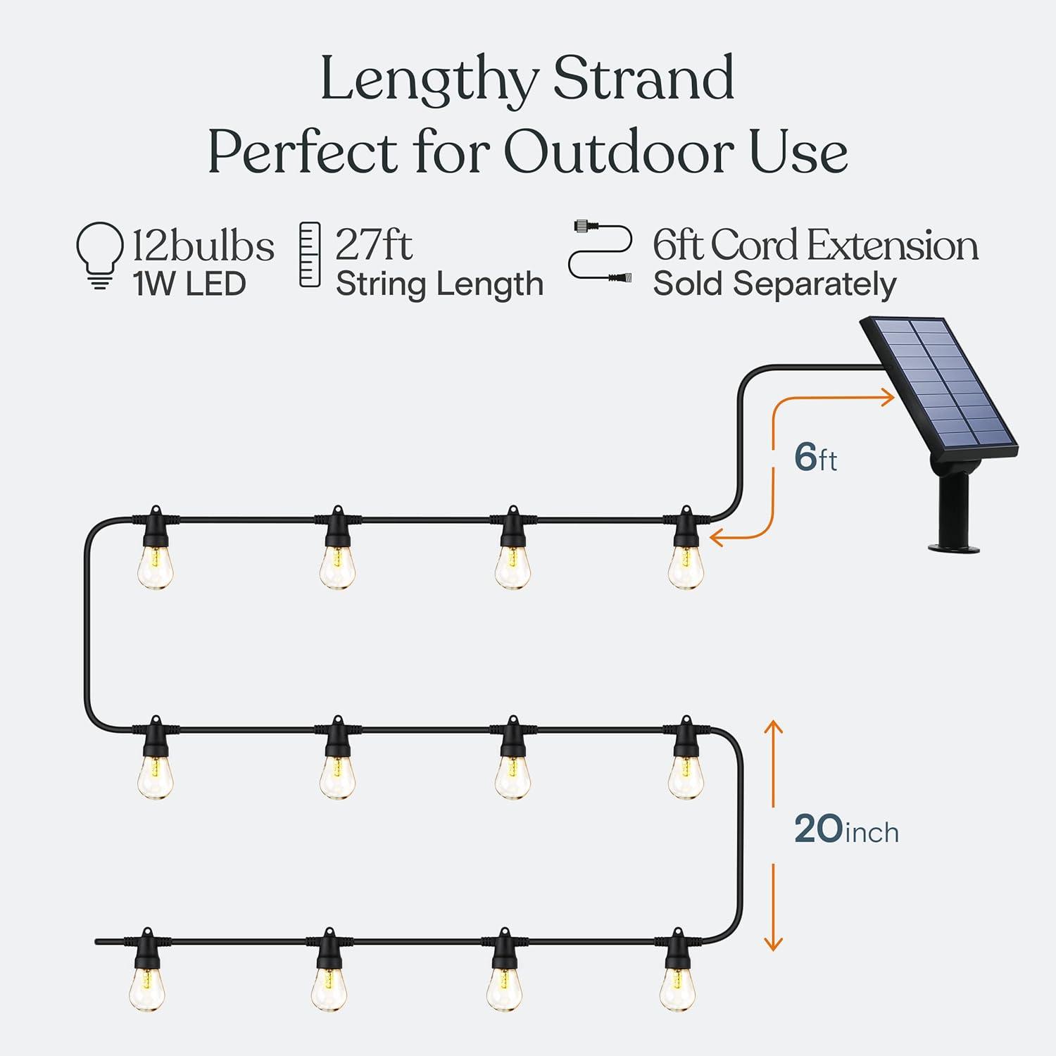 Brightech 12-Bulb LED AmbiencePro Solar 1W 2700K Outdoor String Lights Clear Bulb Black Wire