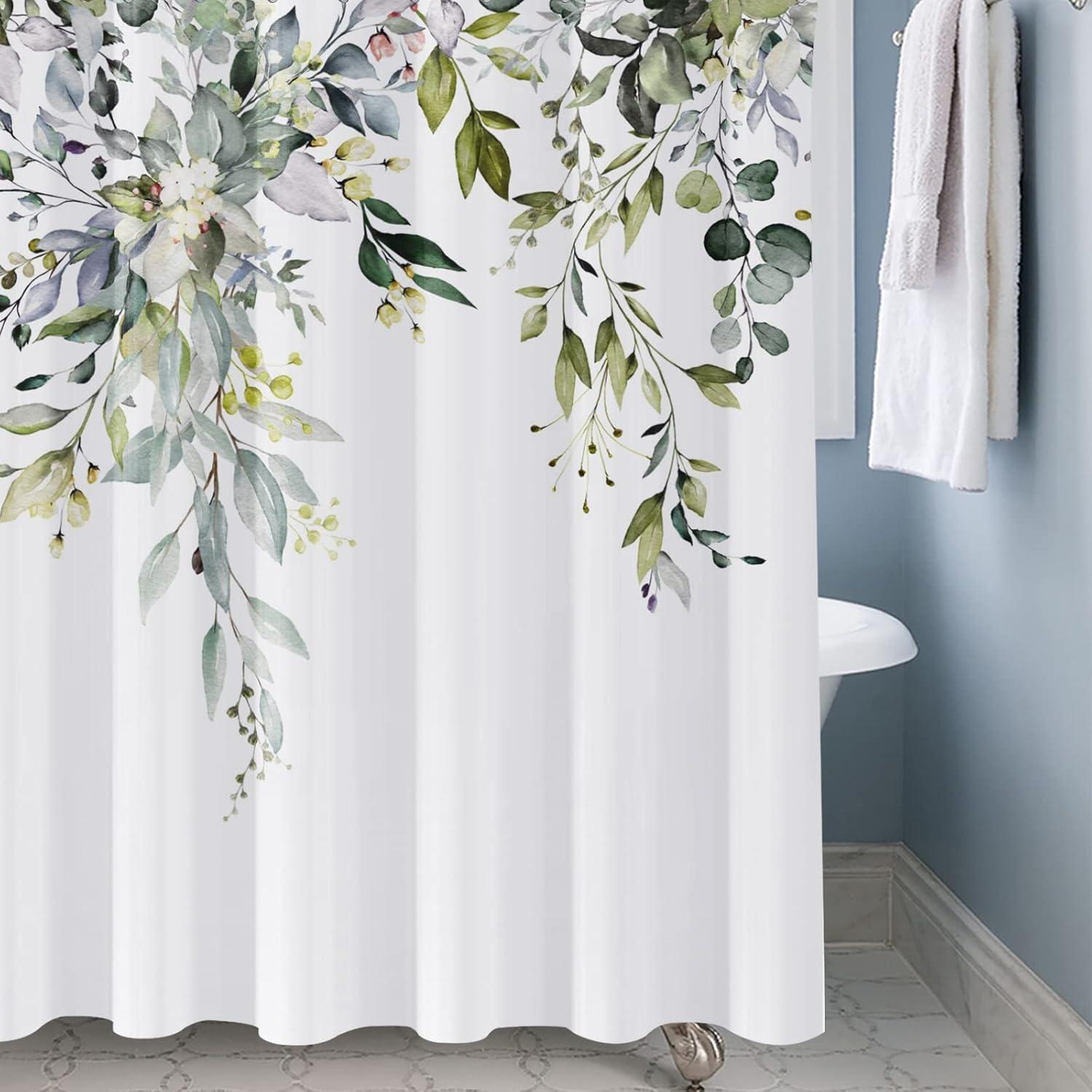 Eucalyptus Watercolor Leaves Semi-Sheer Waterproof Shower Curtain