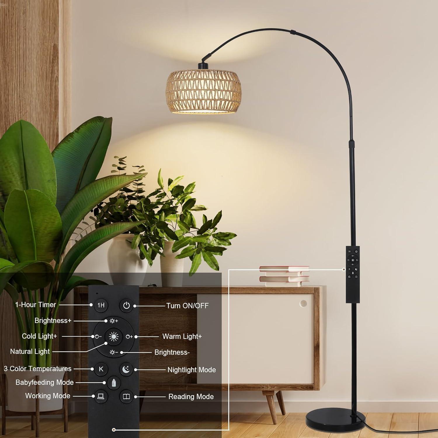 ROTTOGOON Boho Floor Lamp with Dimmable Bulb, Rattan &Linen Double Shades, Boho Standing Tall Lamps with Foot Switch, Bohemian Floor Lamps for Living Room, Bedroom, Office