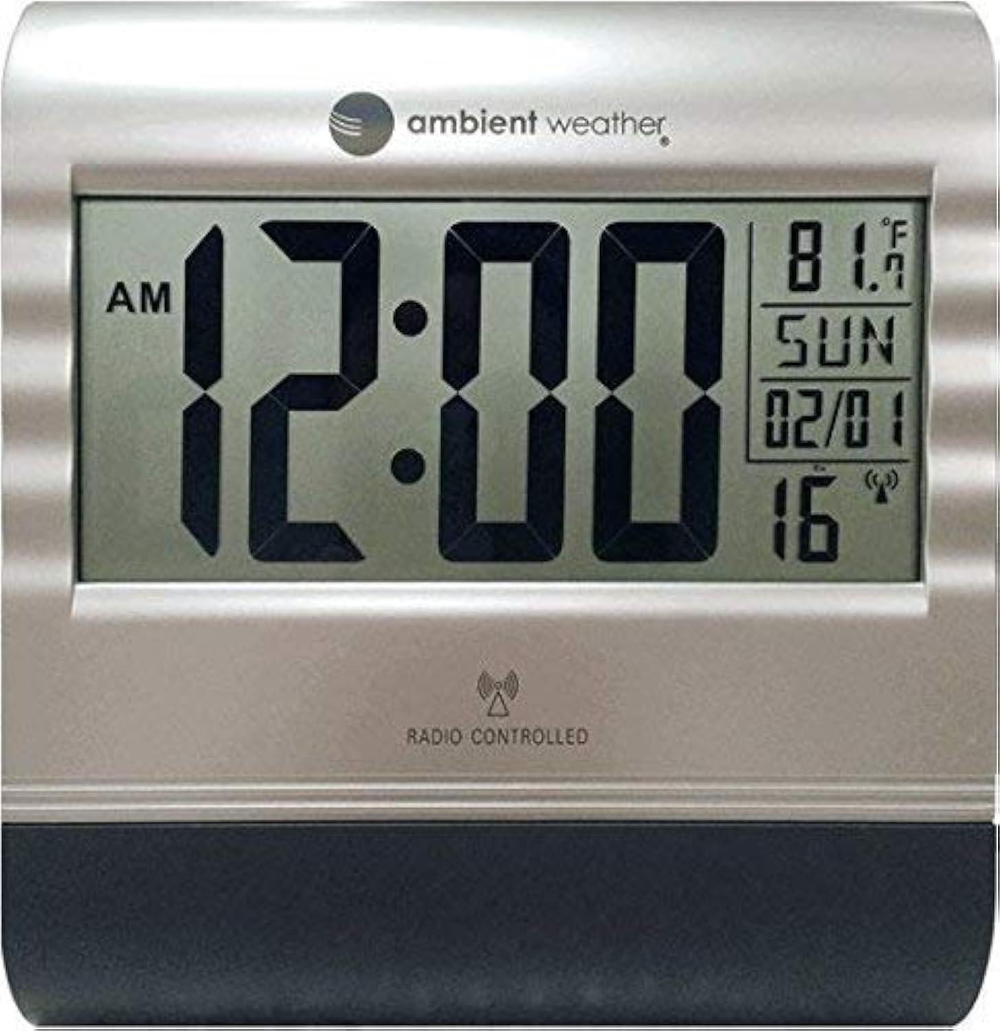 Ambient Weather RC-9362 Silver Atomic Digital Wall Clock with Temperature