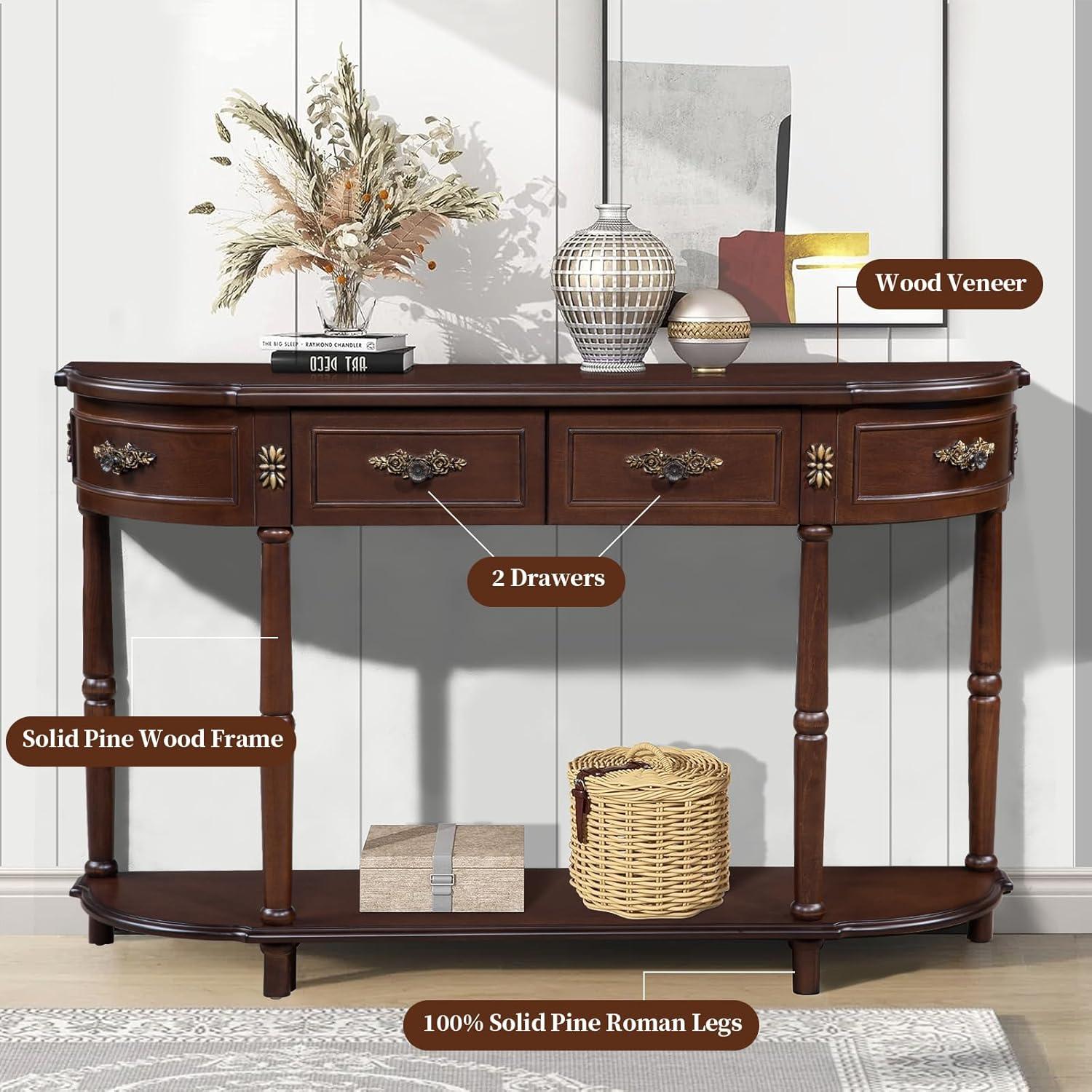 52" Espresso Wood Demilune Console Table with Storage