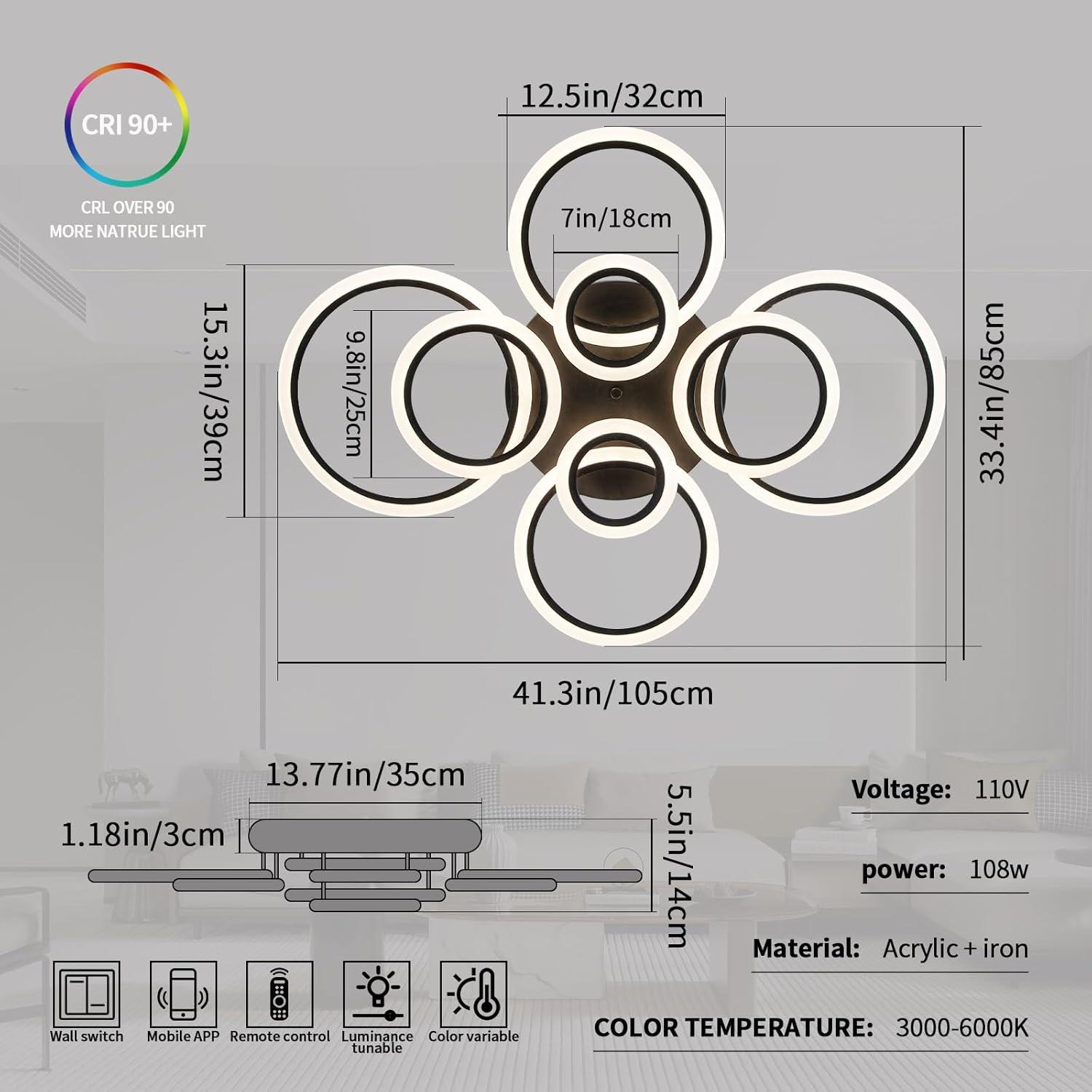 Modern Ceiling Light, 41.3'' Dimmable LED Black Flush Mount Ceiling Lights with Remote Acrylic Round Ceiling Lamp Fixture for Low Ceiling Bedroom Living Room Dining Room, 108W