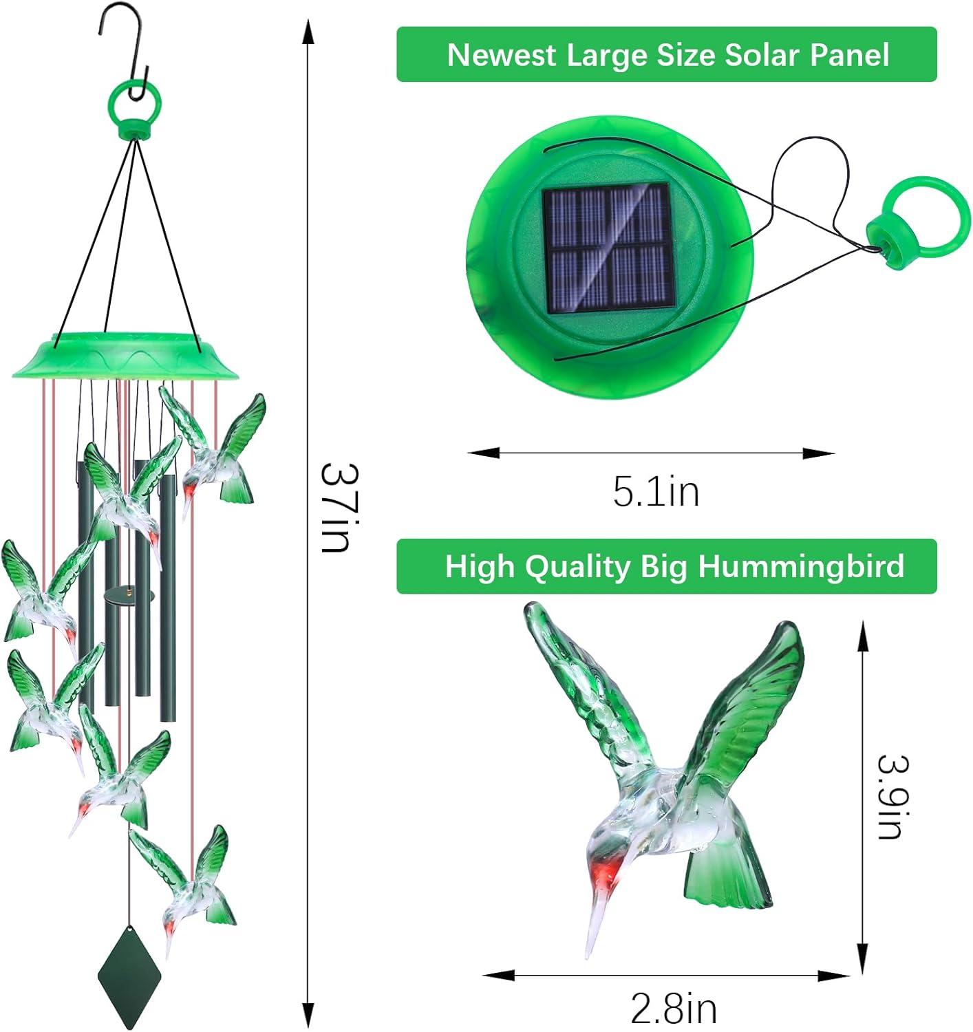 37" Color Changing LED Hummingbird Solar Wind Chime with Green Metal Tubes