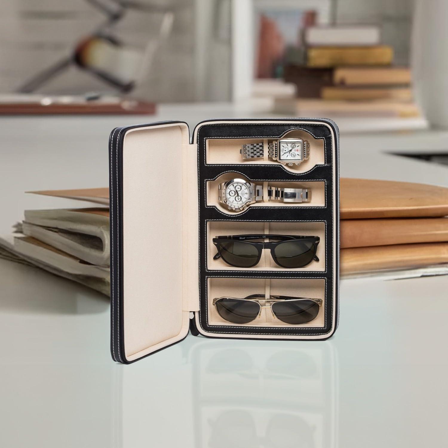 Black Leather Two Watch and Two Sunglass Travel Case with Form Fit Compartments with Zipper Closure.